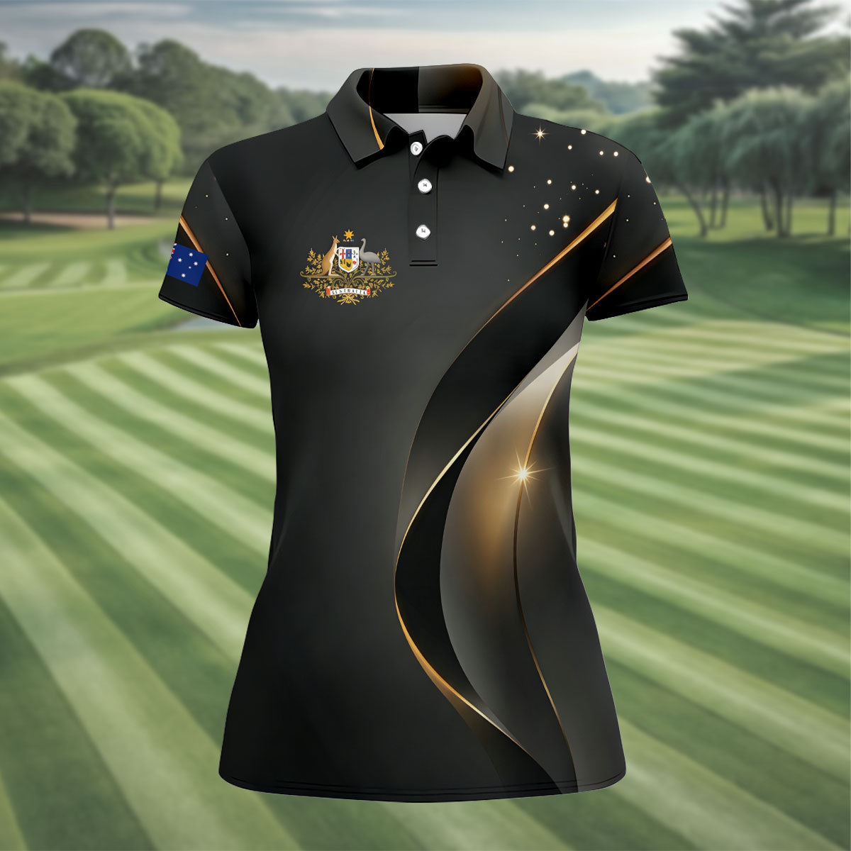 Australian Coat Of Arms Black And Gold Gradient Ladies Golf Tops, Golf Shirt For Women