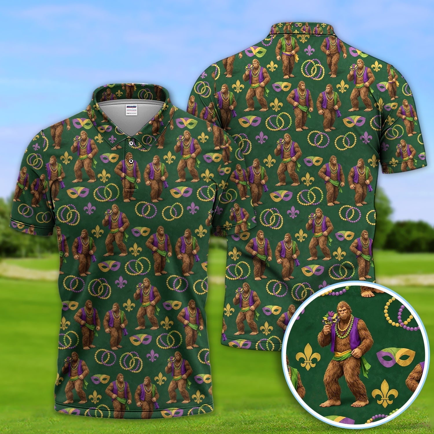 Bigfoot Mardi Gras Pattern Golf Polos, Sasquatch Holiday Golf Shirt, Golf Gift For Golfer