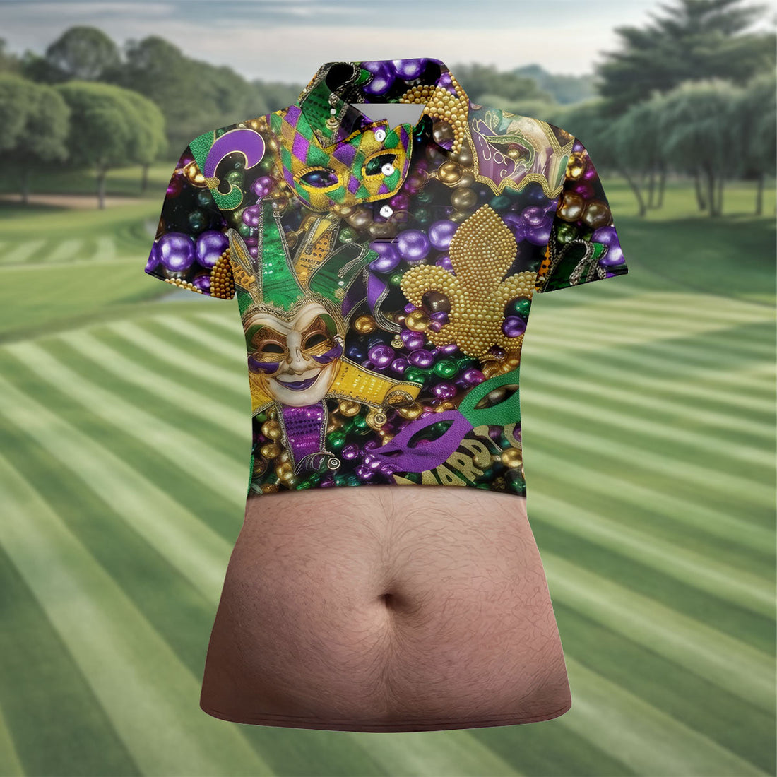 Mardi Gras Purple Green Gold Fleur De Lis Jester Mask Funny Tummy Women's Golf Tops, Fun Women's Golf Shirts