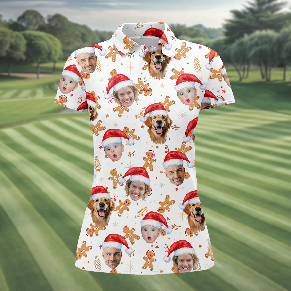 Custom Face Christmas Gingerbread White Golf Shirt, Christmas Golf Shirt, Women's Golf Tops, Golf Gift For Ladies
