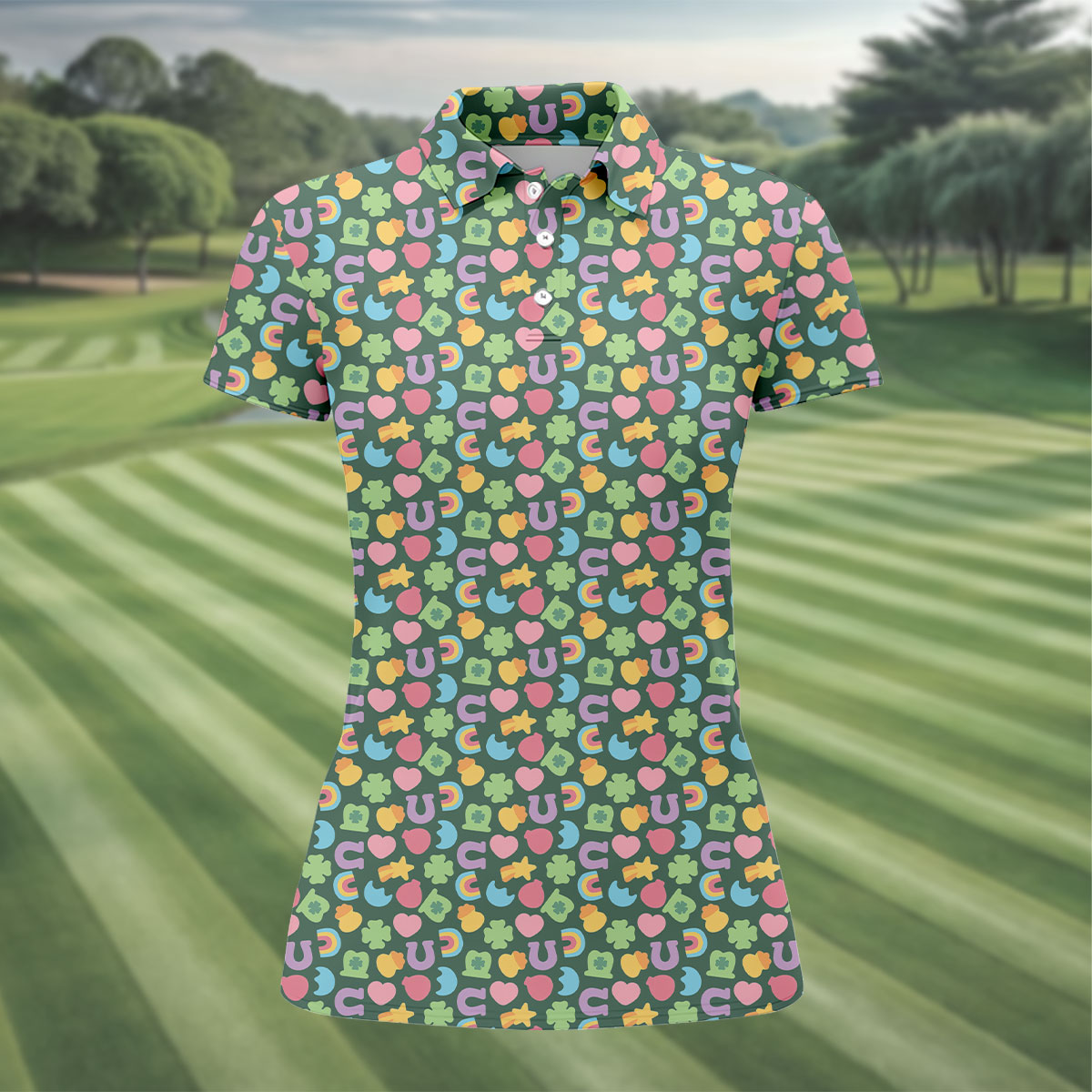 St Patrick's Day Lucky Charms Green Golf Shirt, Cute Golf Outfit, Women's Golf Tops, Ladies Golf Polos