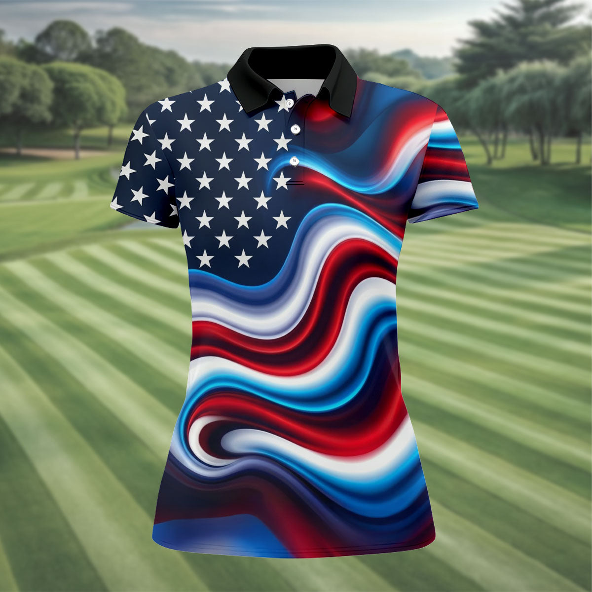 Star Pattern Red White Blue Wavy Stripes 250th Anniversary, Patriotic 4th Of July Golf Shirt For Women