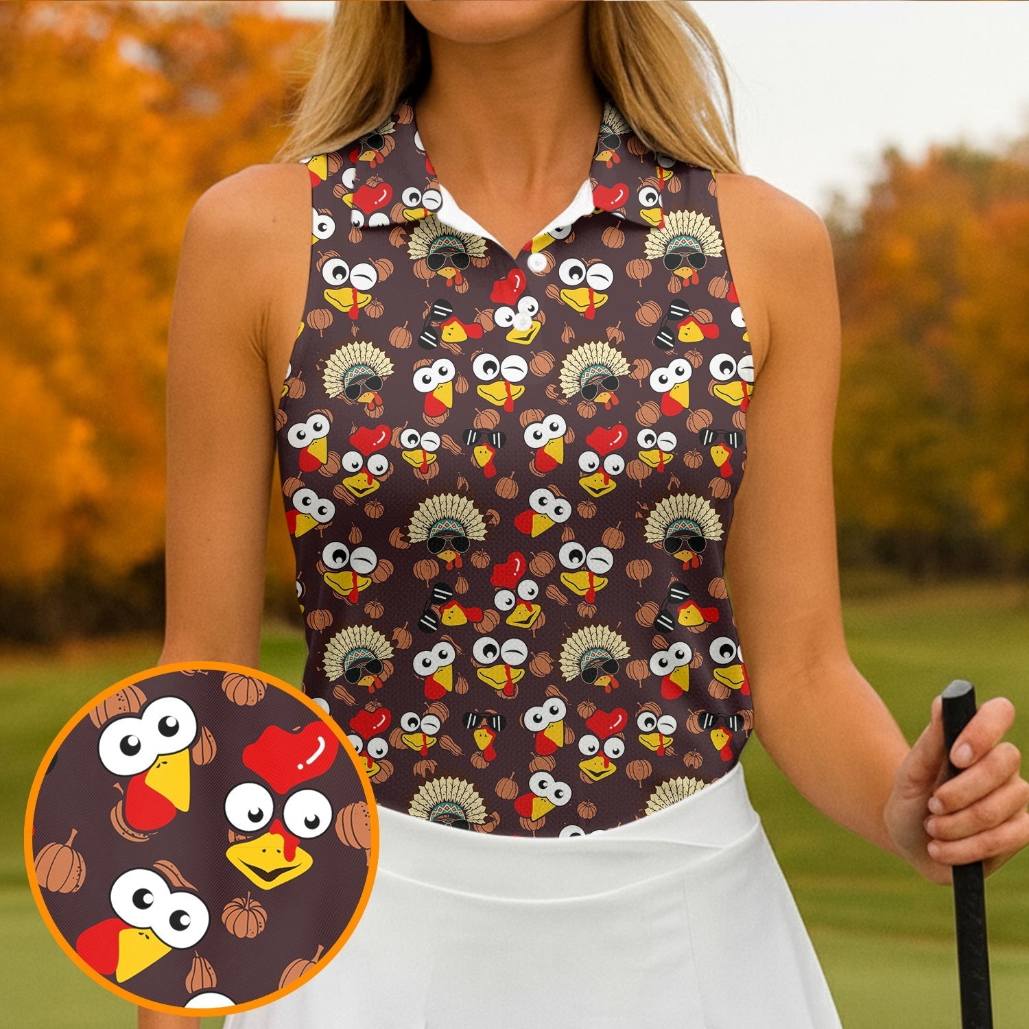Thanksgiving Polo Golf Shirt For Women, Pumpkin Turkey Fun Women's Golf Shirts, Thanksgiving Golf Gift For Ladies