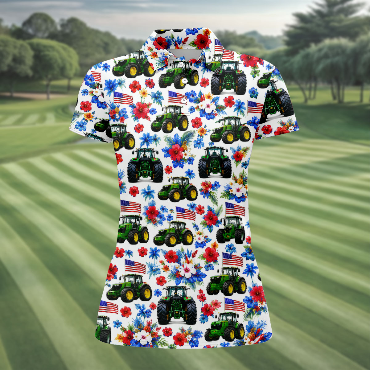 American Tractor Golf Shirt, Patriotic Wildflower Country Farm Pattern, Golf Shirt For Women