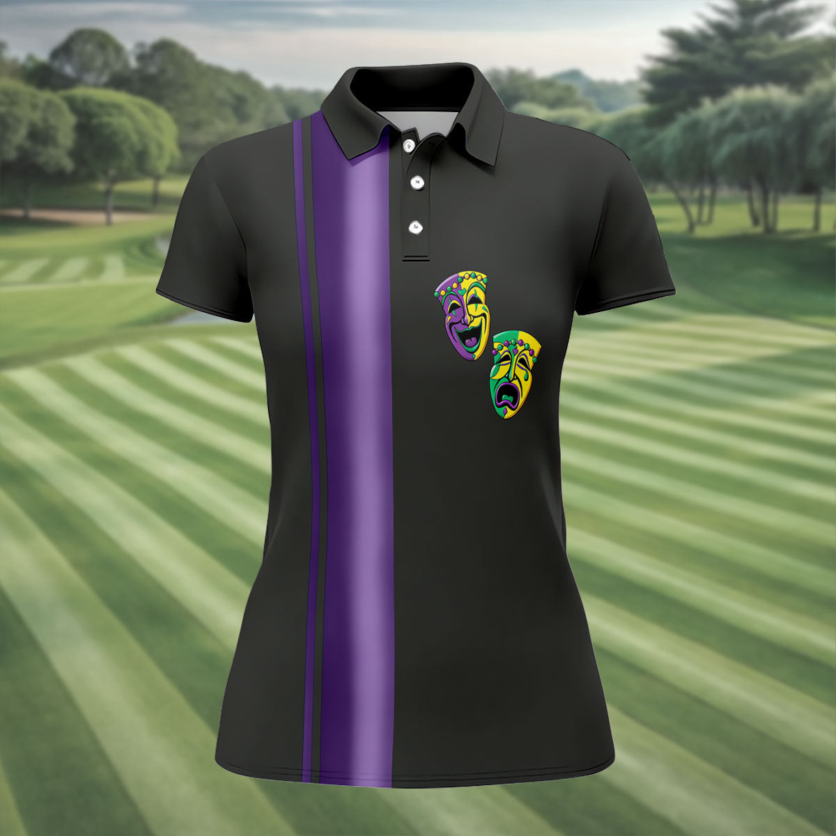 Melpomene And Thalia Theatrical Masks Purple Stripe Mardi Gras Golf Shirt, Women's Golf Tops, Ladies Golf Shirt