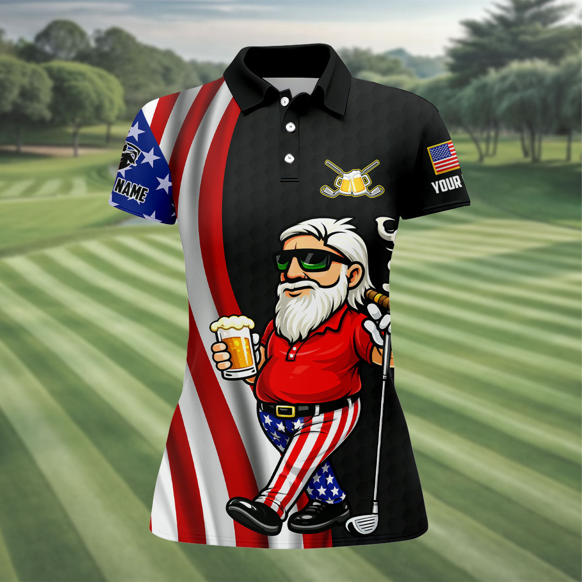 Patriotic Man Golf And Beer Funny 4th Of July Black Golf Shirt, 250 Years Of America Women's Golf Tops
