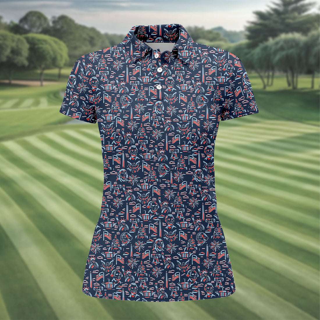 Red White Blue Outlined Patriotic American 250th Anniversary Navy Golf Shirt, 4th Of July Golf Shirt For Women