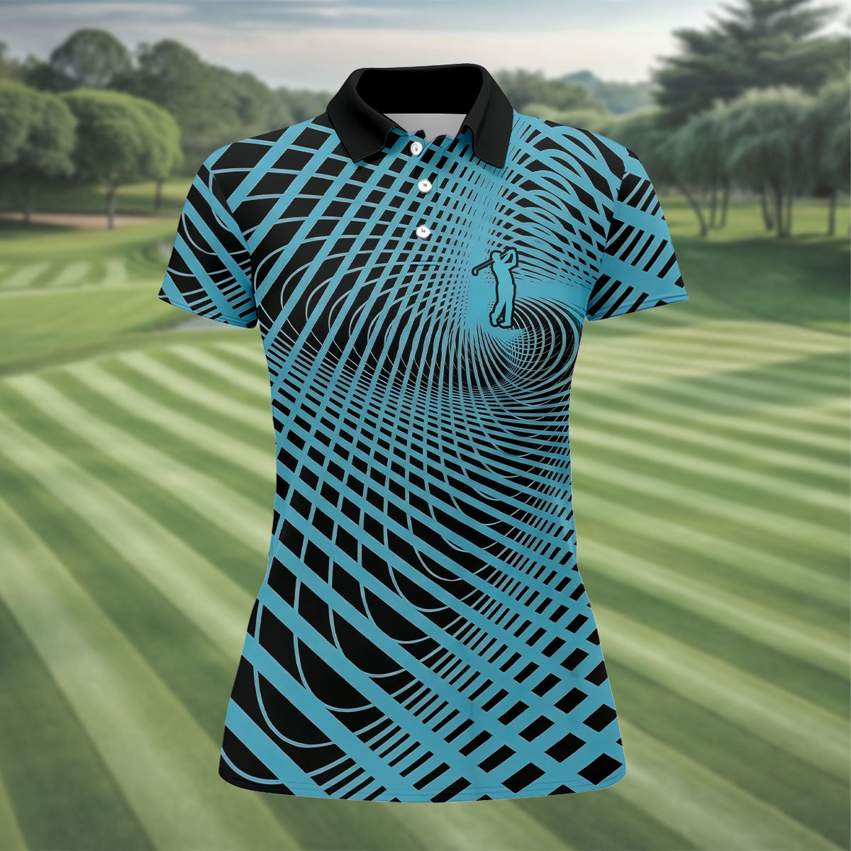 Swirling Vortex Black And Light Blue Women's Golf Tops, Ladies Golf Shirts, Ladies Golf Polos