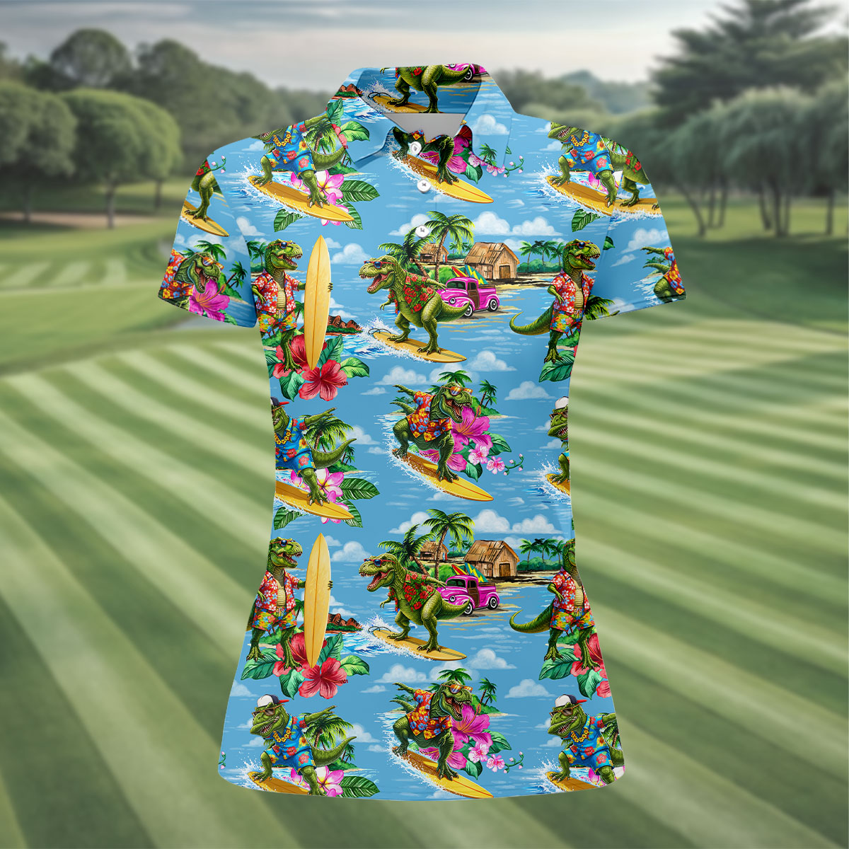Hawaiian T Rex Surfboard Beach Hawaiian Golf Shirt, Golf Polo For Women, Printed Golf Shirt
