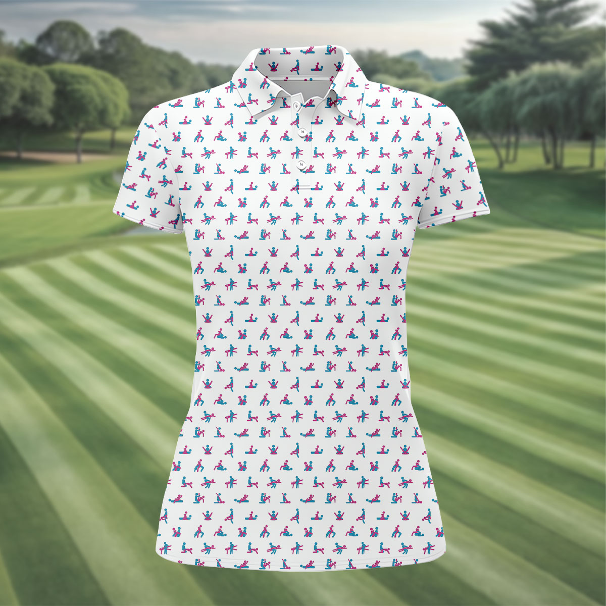 Blue And Pink Naughty Stick People White Golf Shirt, Ladies Golf Polos, Golf Gifts For Women
