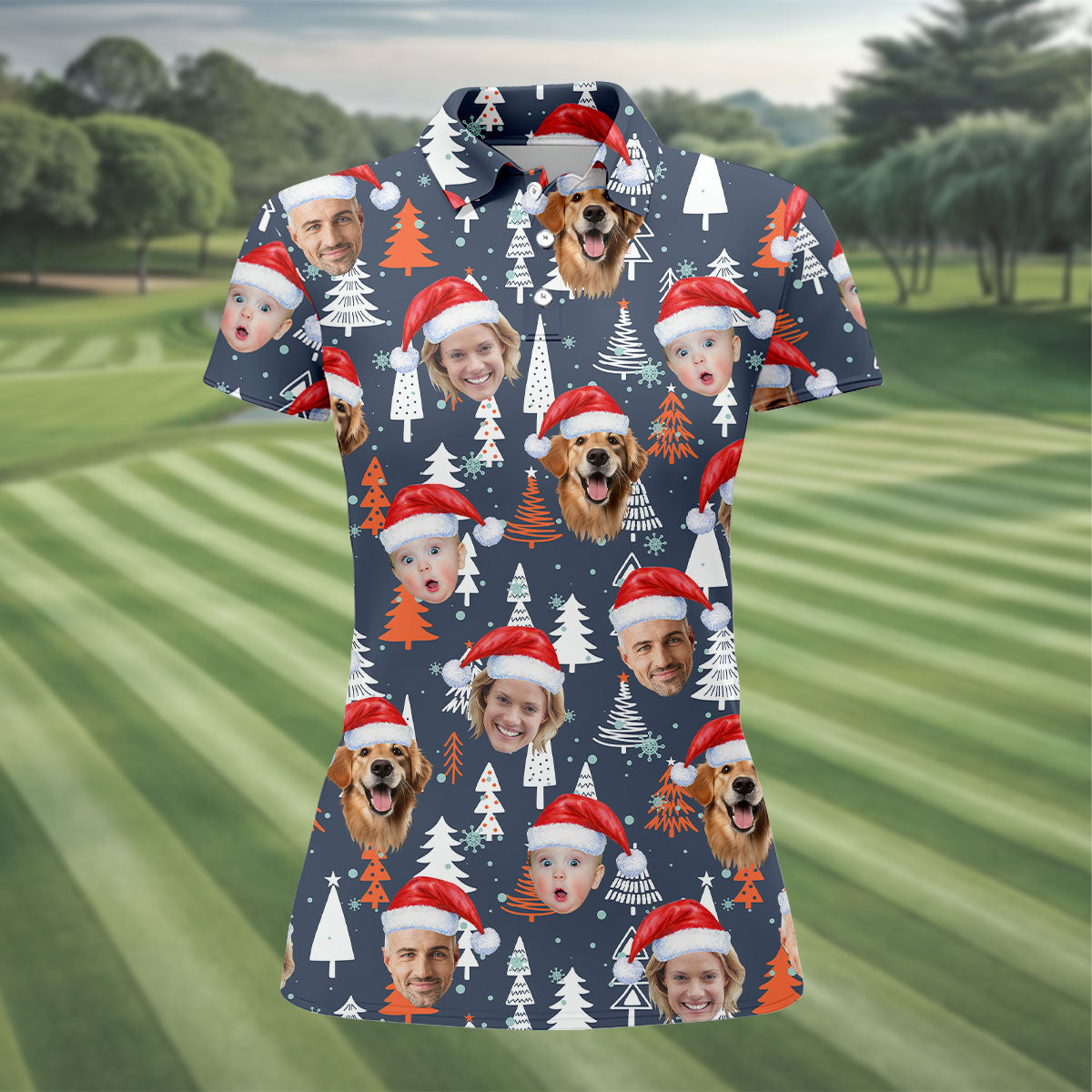 Custom Face White And Orange Xmas Pine Tree Christmas Golf Shirt, Ladies Golf Tops, Golf Gifts For Women