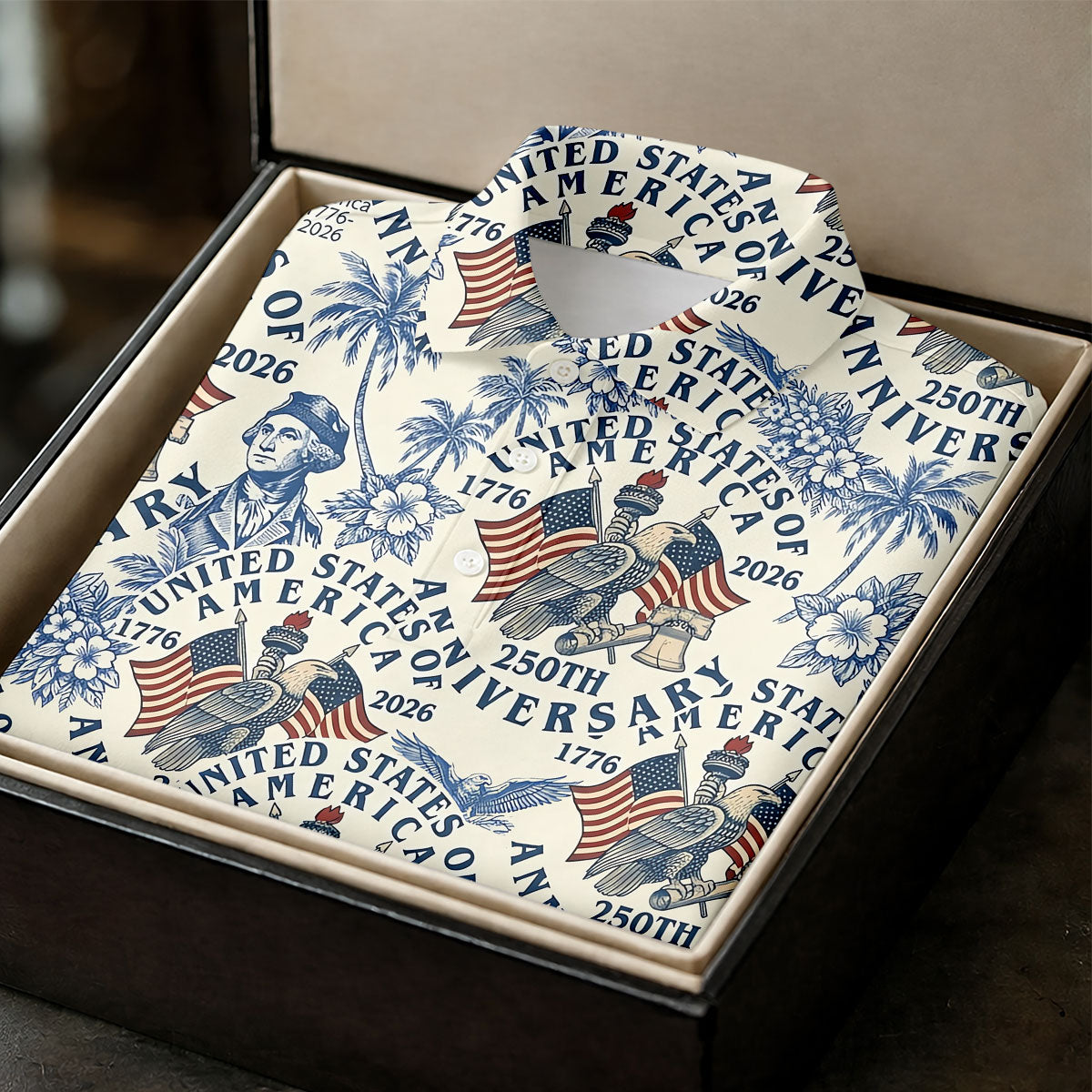 USA 250th Anniversary Toile De Jouy Hawaiian Golf Shirt, Patriotic 4th Of July Golf Shirt For Women