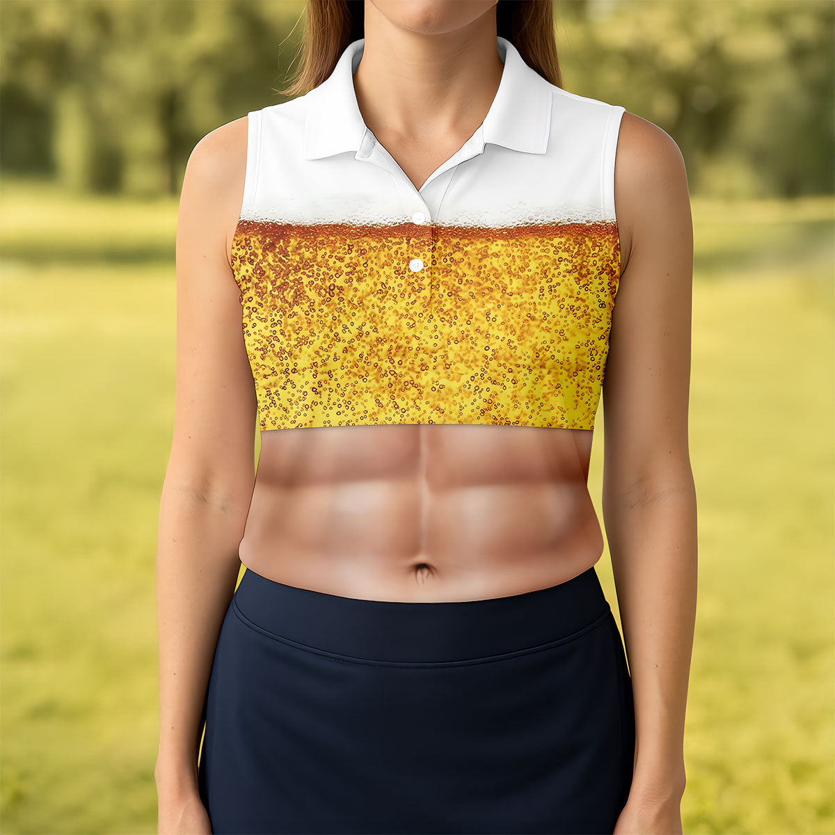 Bubbly Beer Foam Faux Abs Sleeveless Crop Golf Shirt, Golf Tops For Women, Ladies Golf Top
