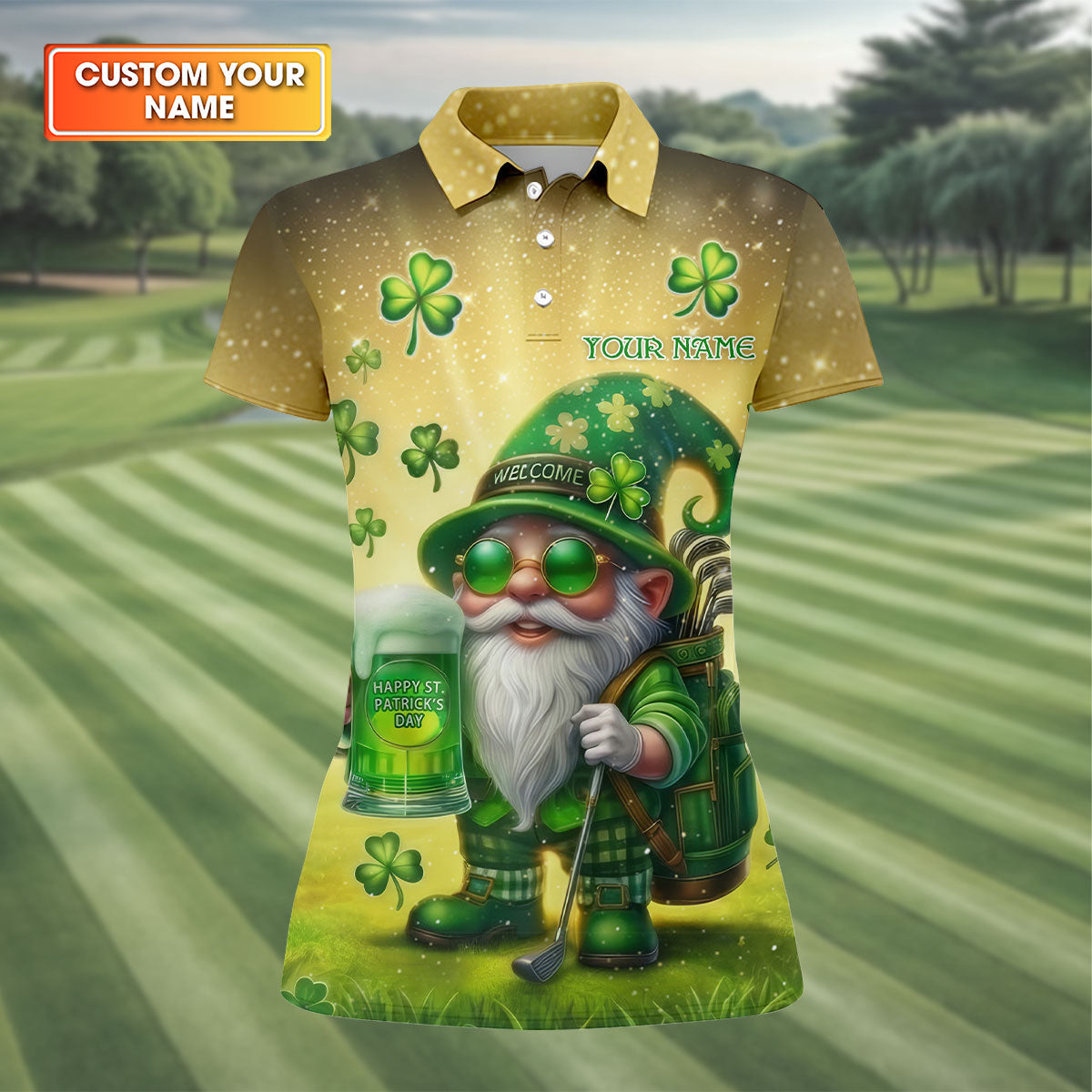 Happy St Patrick's Day Shamrock Gnome Golf And Beer Women's Golf Tops, Ladies Golf Polos