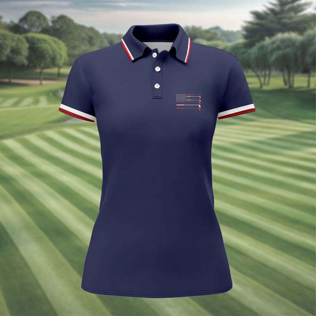 Golf Clubs US Flag Logo 250 Years Navy Golf Shirt, Patriotic 4th Of July Golf Shirt For Women
