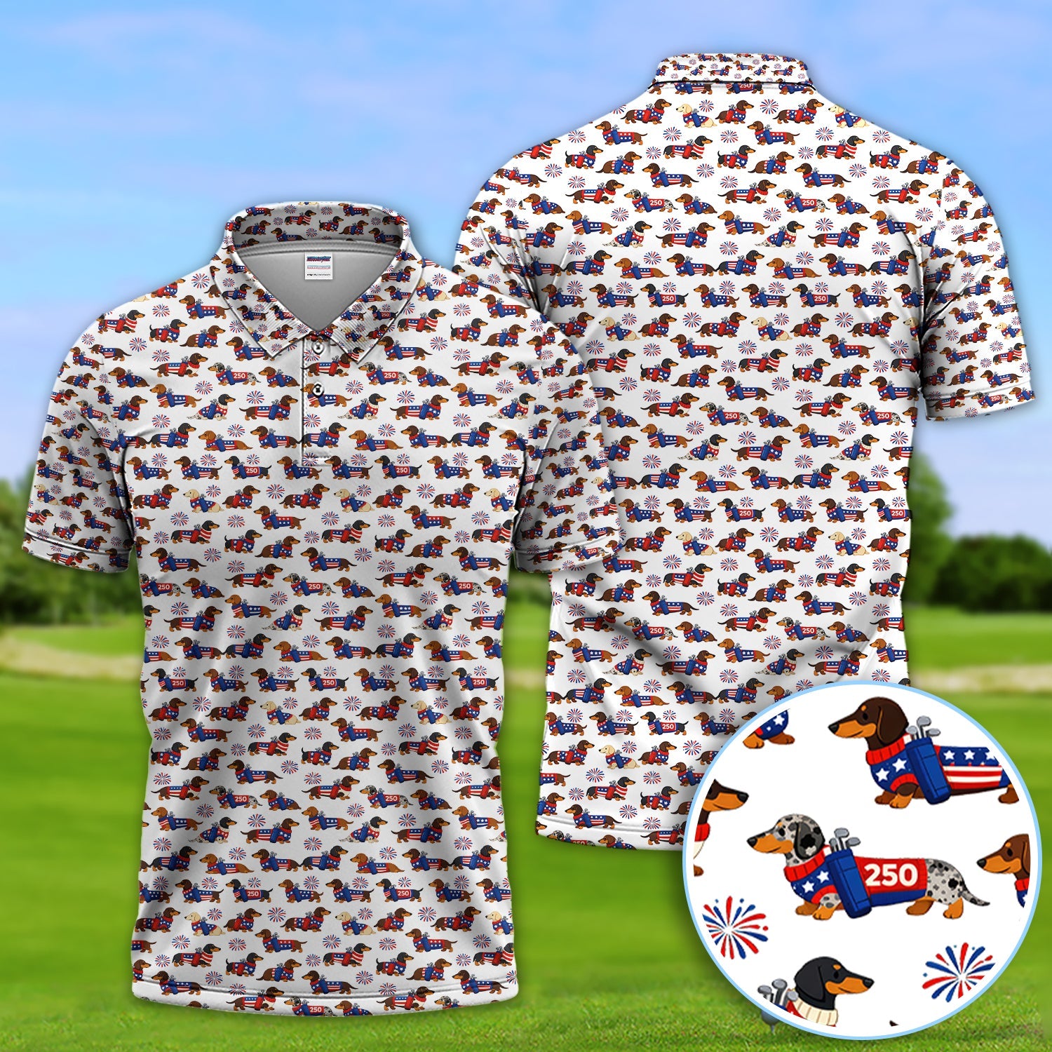 America 250 Dachshund Golf Polos, Funny Patriotic Wiener Dog 250th Golf Shirt, Golf Gift For Men