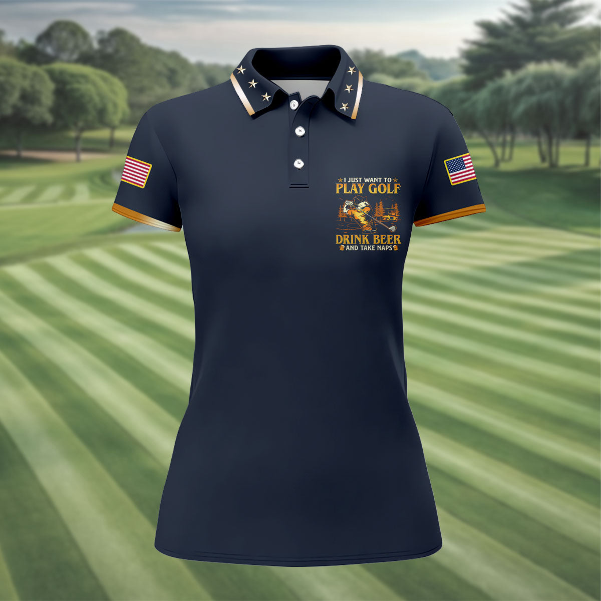 I Just Want To Play Golf Drink Beer And Take Naps Navy Golf Shirt, Fun Women's Golf Shirts