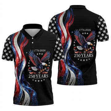 Bald Eagle Red White Blue Wavy Stripes Patriotic Golf Shirt, 250 Years 4th Of July Golf Shirts For Men