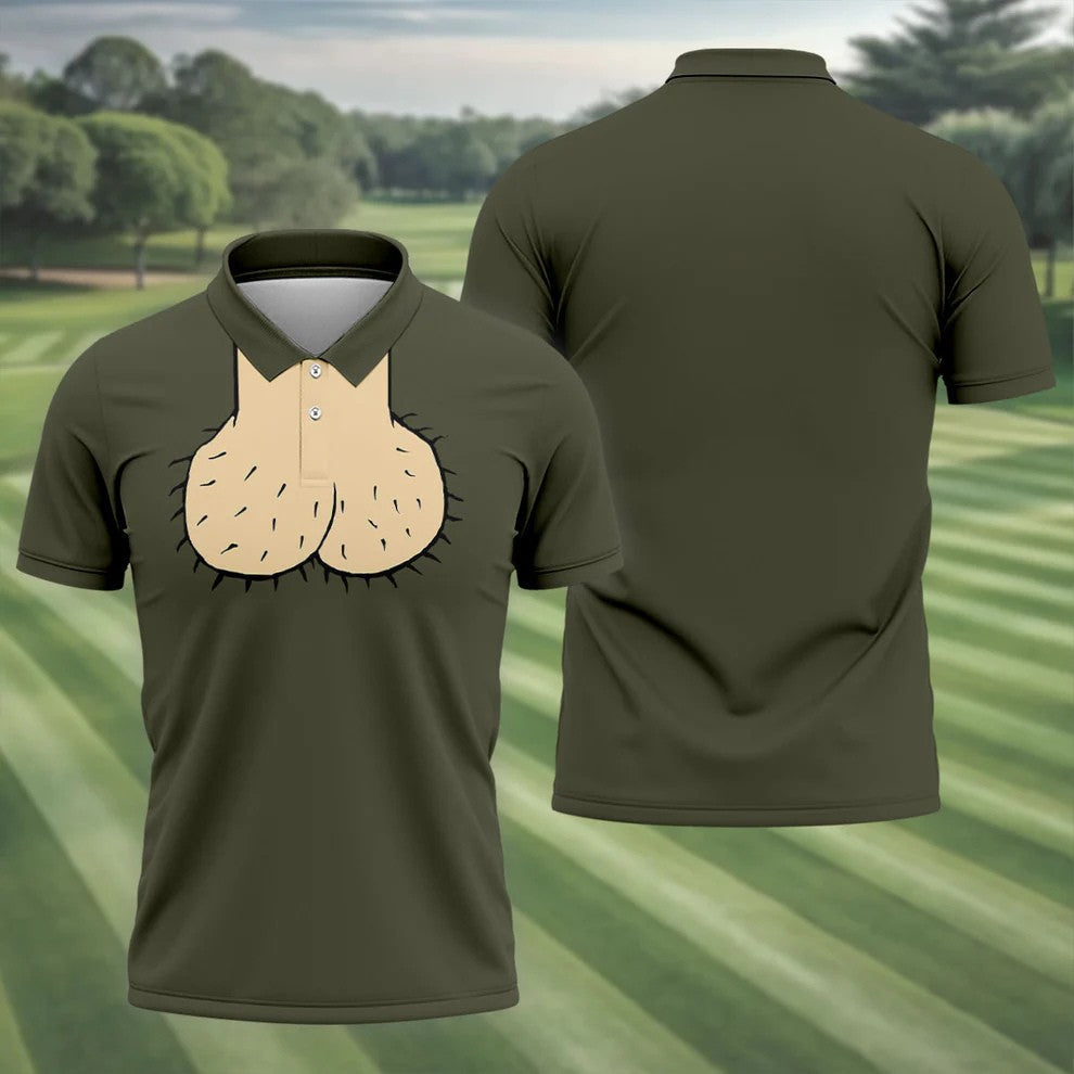 Olive Green Funny Dickhead Faux Chest Golf Shirt, Polo Shirts For Men, Golf Apparel For Men