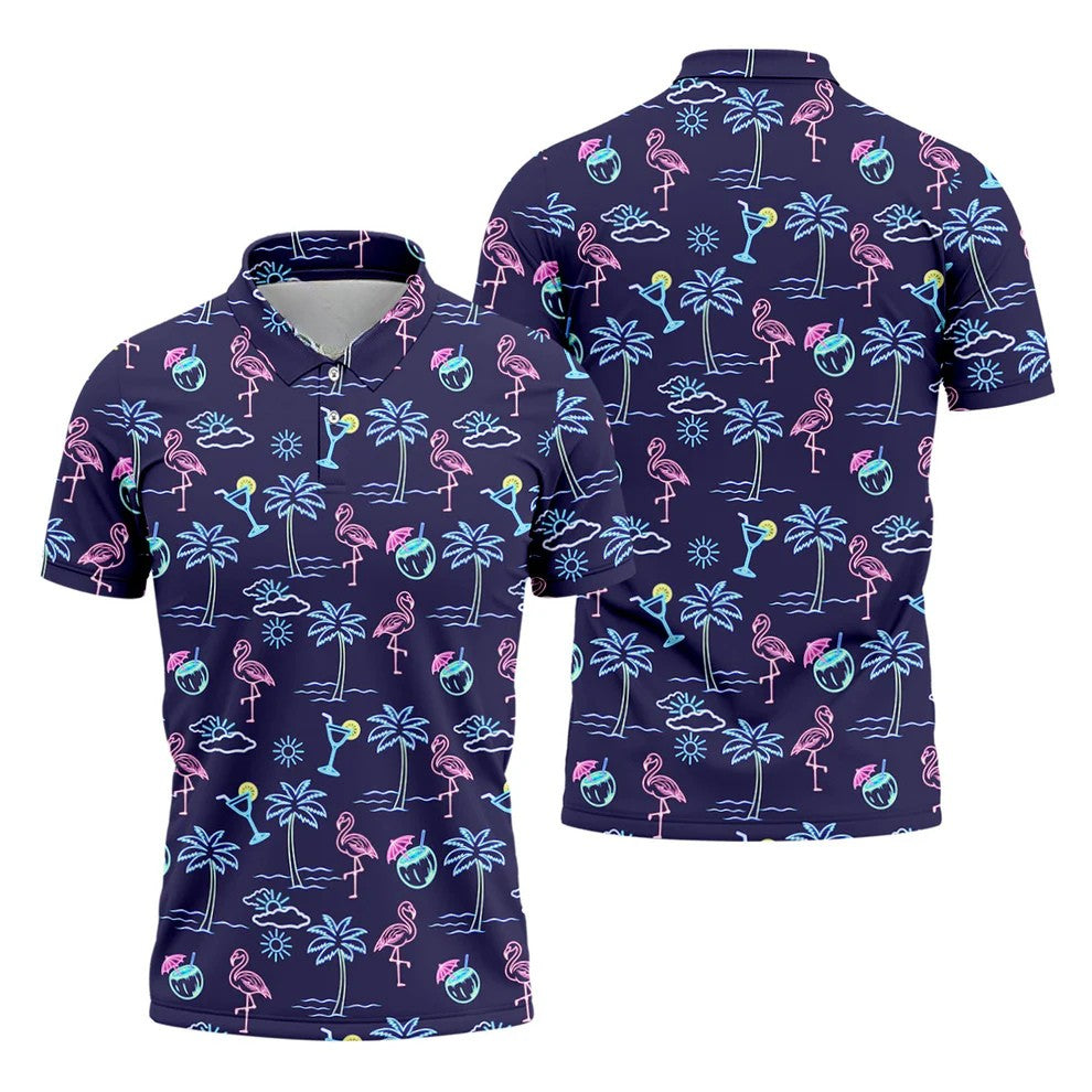 Neon Line Tropical Flamingo Hawaiian Golf Shirt, Polo Shirts For Men, Golfing Apparel