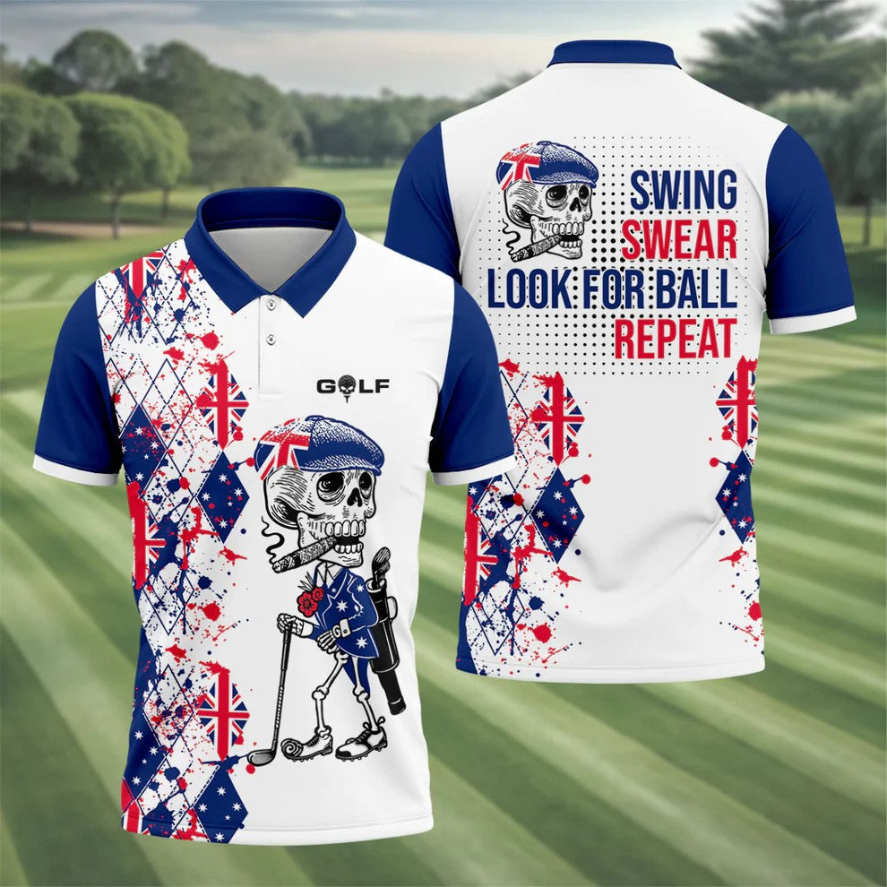 Swing Swear Look For Ball Repeat Australia Flag Print Skeleton Golfer Argyle Golf Shirt, Polo Shirts For Men
