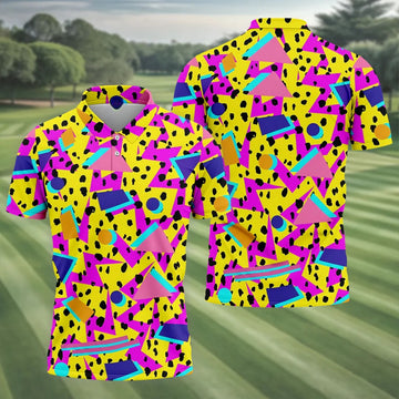 Retro Neon Geometric Shapes Yellow Golf Shirt, Golf Shirts For Men, Mens Golf Apparel, Polo Shirts For Men