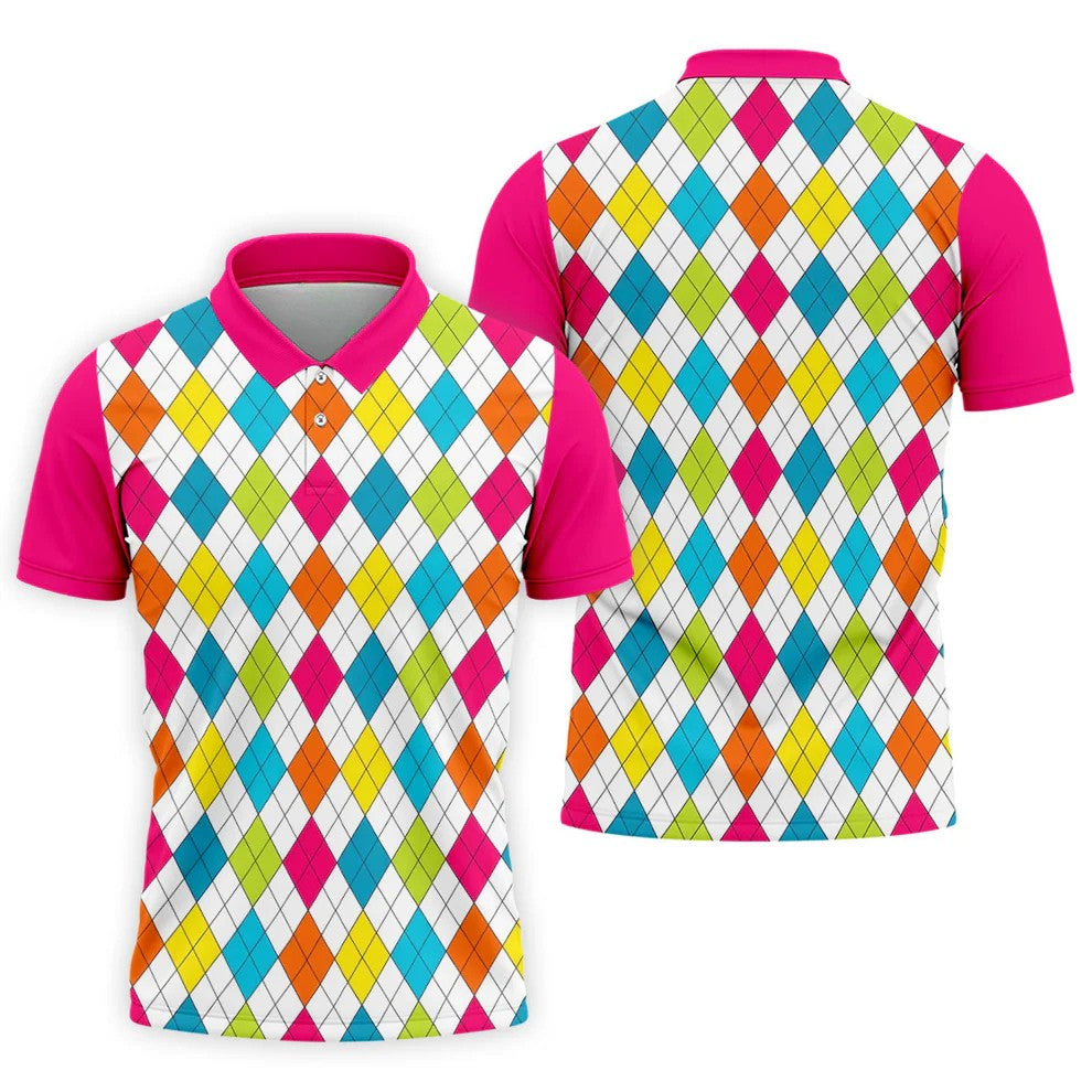 Pink Sleeve Colorful Argyle Plaid Golf Shirt, Mens Golf Polo, Printed Golf Shirts