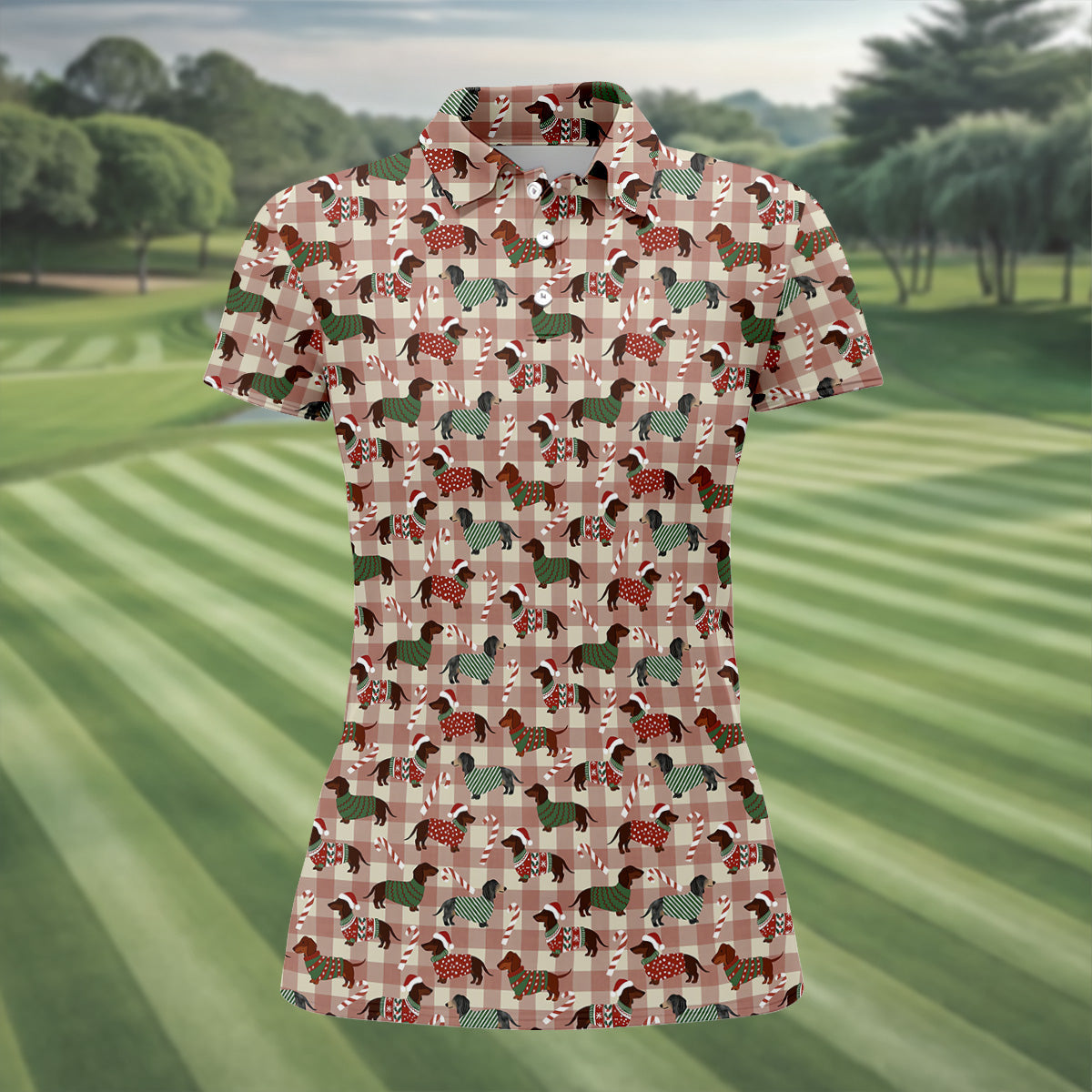 Christmas Dachshund Pink Checkered Women's Golf Tops, Christmas Golf Shirt, Ladies Golf Polos