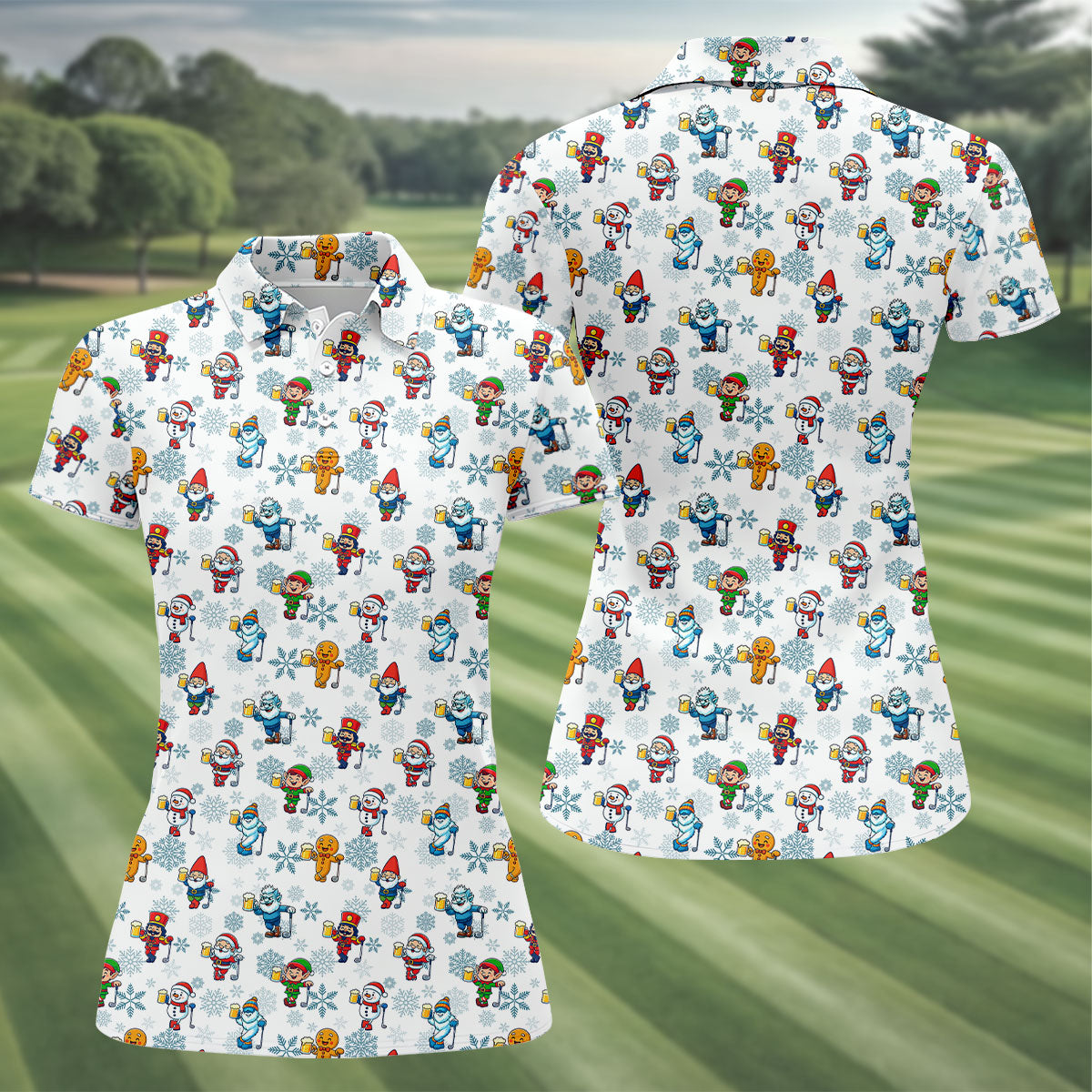 Christmas Characters Golf And Beer White Women's Funny Golf Shirts, Christmas Golf Shirt, Polo ShirtFor Women