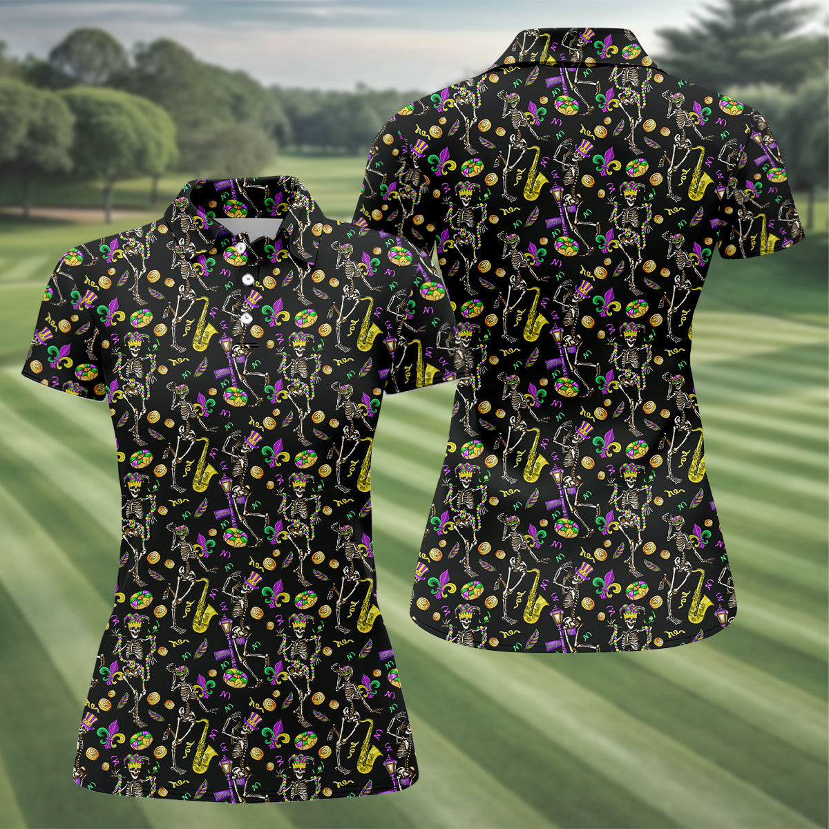 Dancing Skeleton Mardi Gras Fleur De Lis Black Golf Shirt, Women's Golf Tops, Ladies Golf Polos