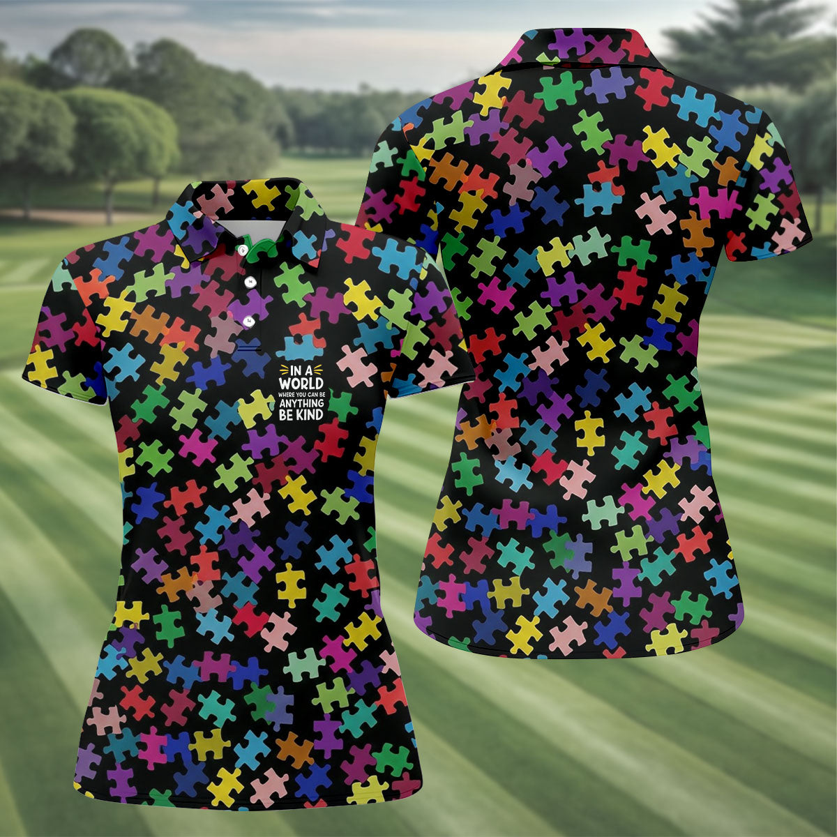 In A World Where You Can Be Anything Be Kind Autism Awareness Puzzle Pattern Golf Shirt For Women, Ladies Golf Polos