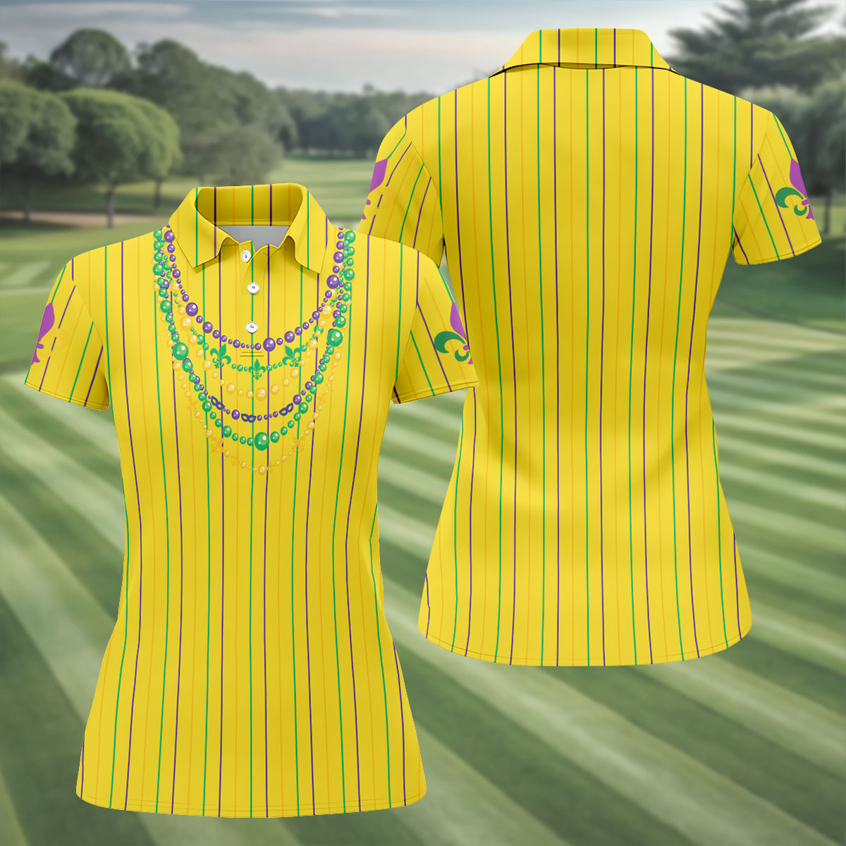Mardi Gras Beads Necklaces Print Yellow Golf Shirt, Women's Golf Shirts, Ladies Golf Polos, Golf Shirt For Women
