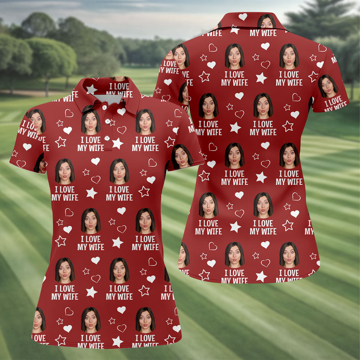 I Love My Husband Custom Face Red Golf Shirt, Fun Women's Golf Shirts, Valentines Golf Gift, Ladies Golf Shirts