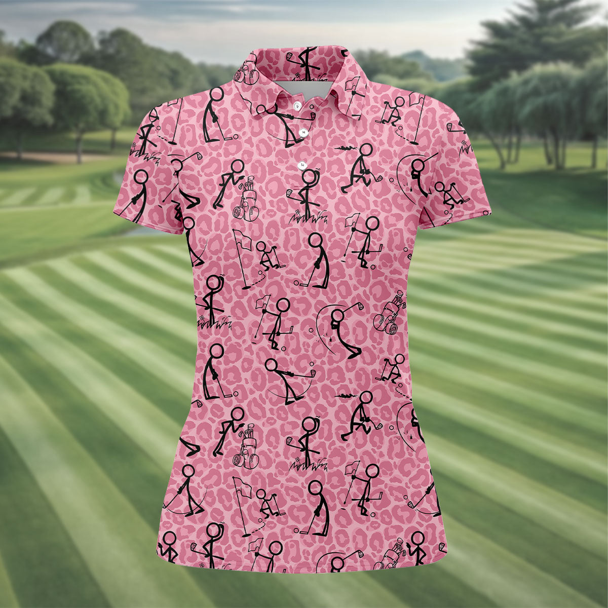 Golf Stick Man Pink Leopard Print Women Golf Top, Unique Gift For Golfer, Ladies Golf Polos