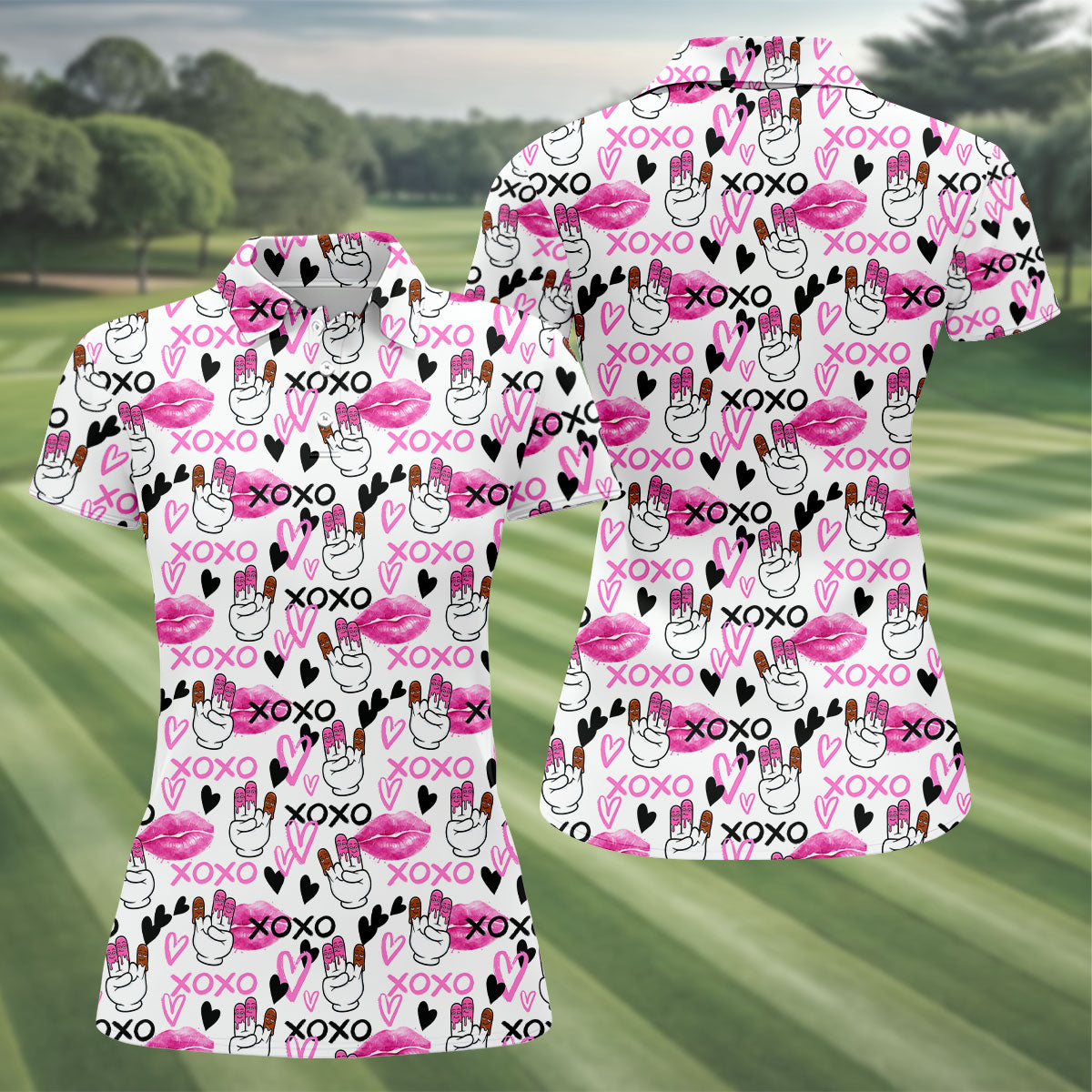 Chocolate Fingers Adult Humor XOXO Lipstick Mark Fun Women's Golf Shirts, Valentines Golf Gift, Women's Golf Tops
