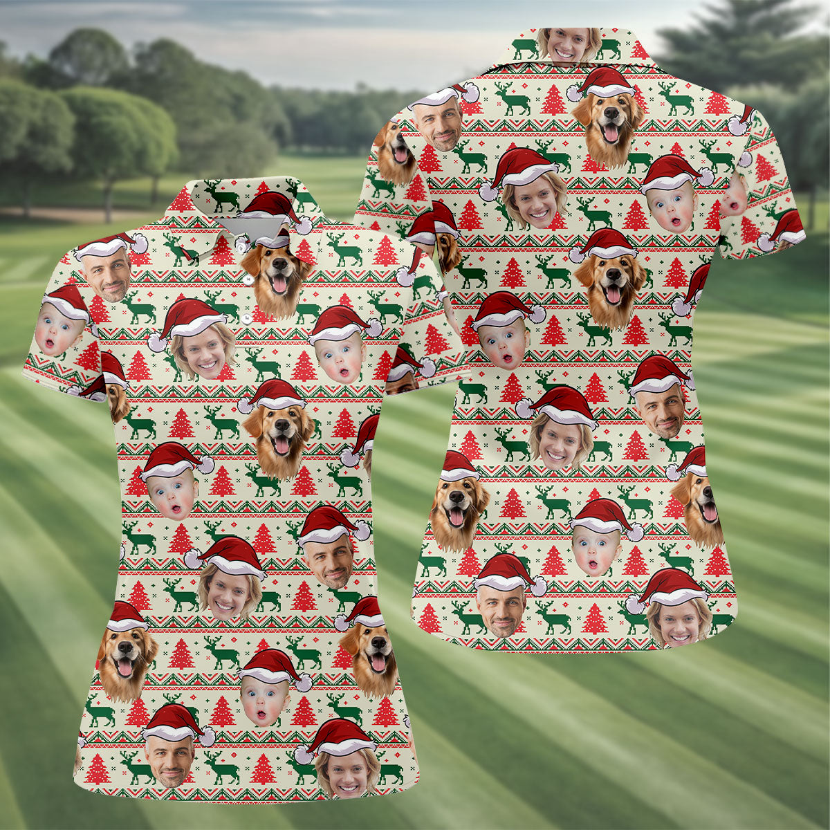 Custom Face Reindeer Christmas Women's Golf Tops, Ladies Golf Shirts, Christmas Golf Gift