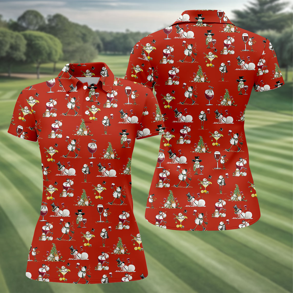 Funny Snowman Drinking Wine Red Golf Shirt, Christmas Golf Shirt, Women's Golf Tops, Ladies Golf Shirts