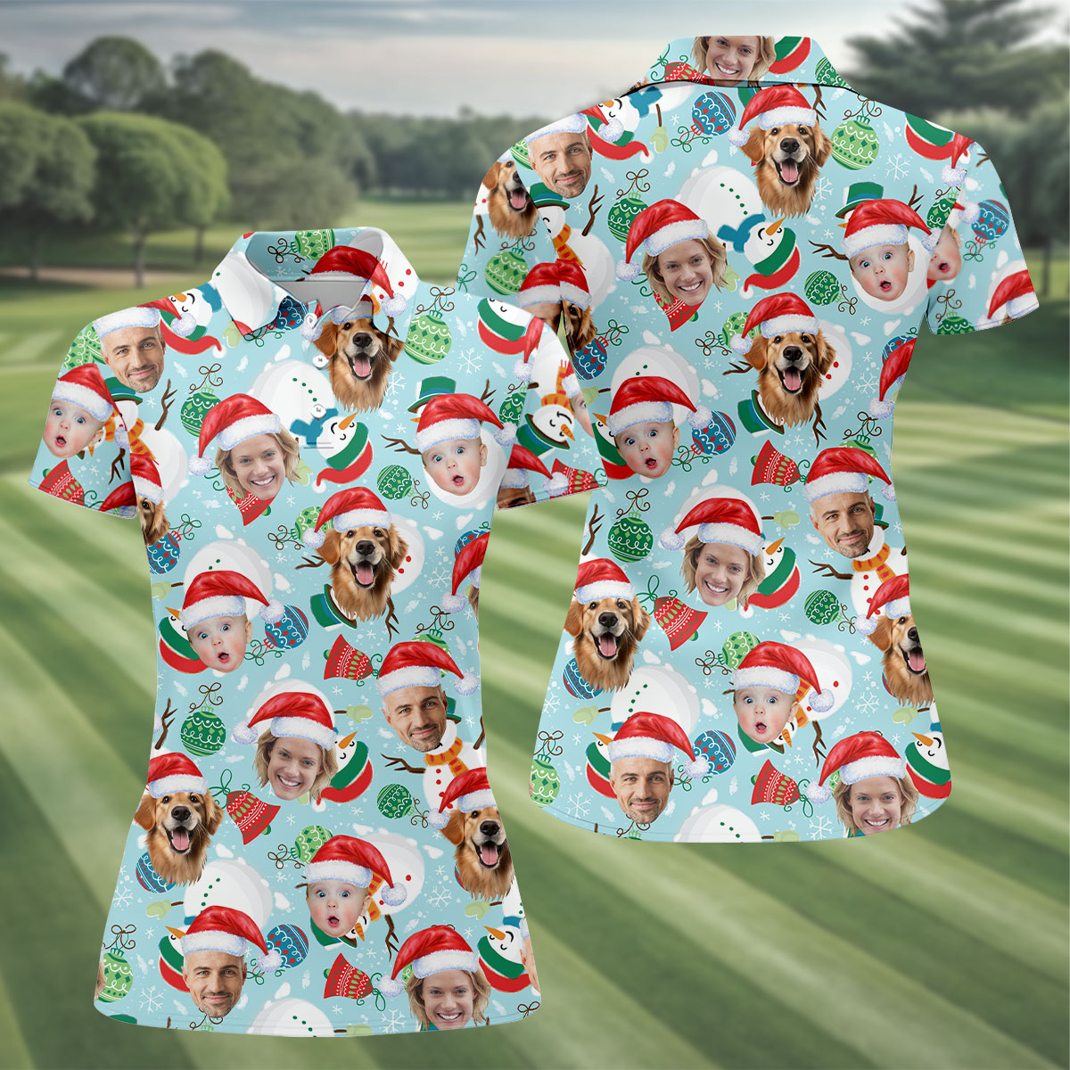 Custom Face Joyful Christmas Icy Blue Christmas Golf Shirt, Ladies Golf Tops, Golf Gifts For Women