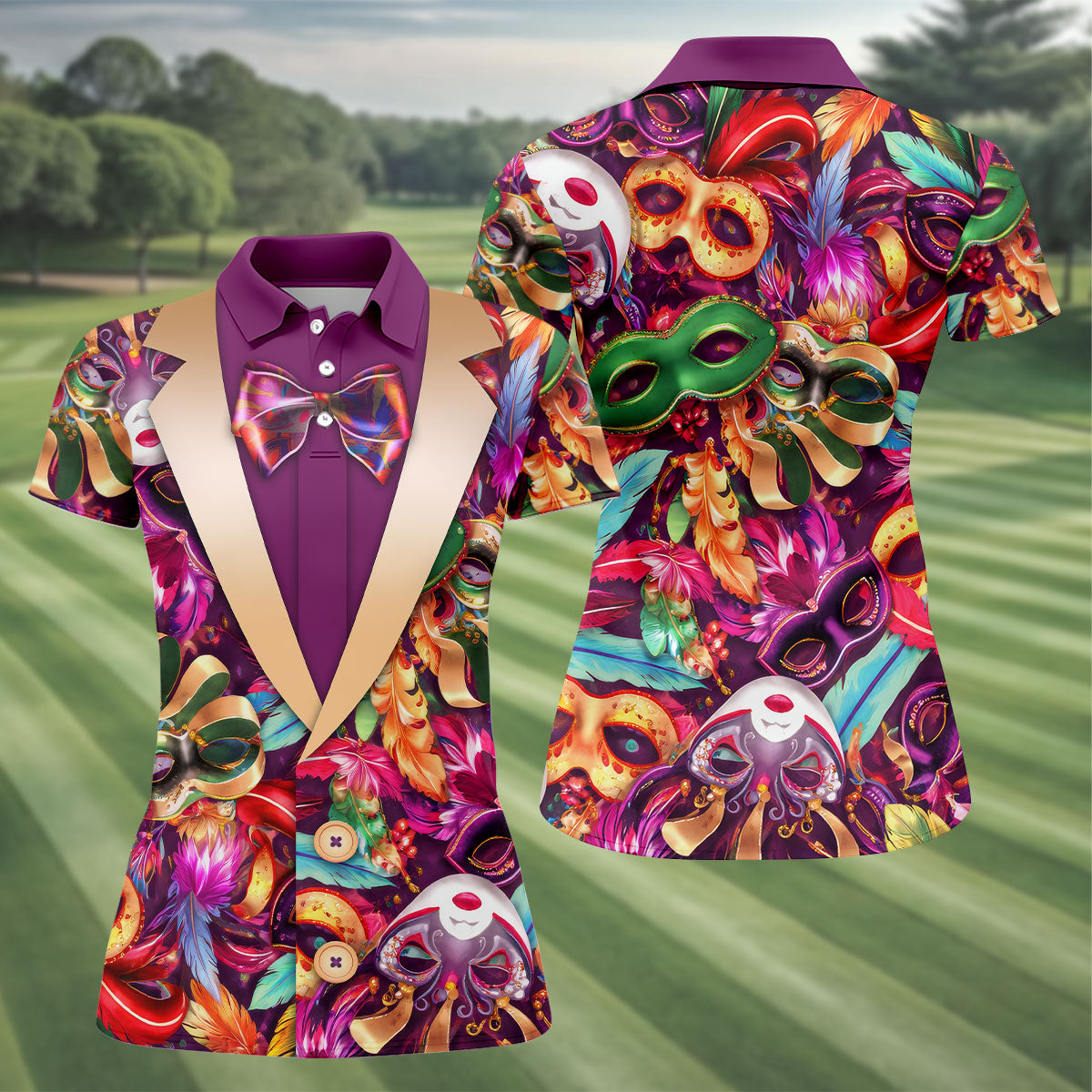 Colorful Mardi Gras Suit Print Fun Women's Golf Shirts, Women's Golf Tops, Ladies Golf Polos