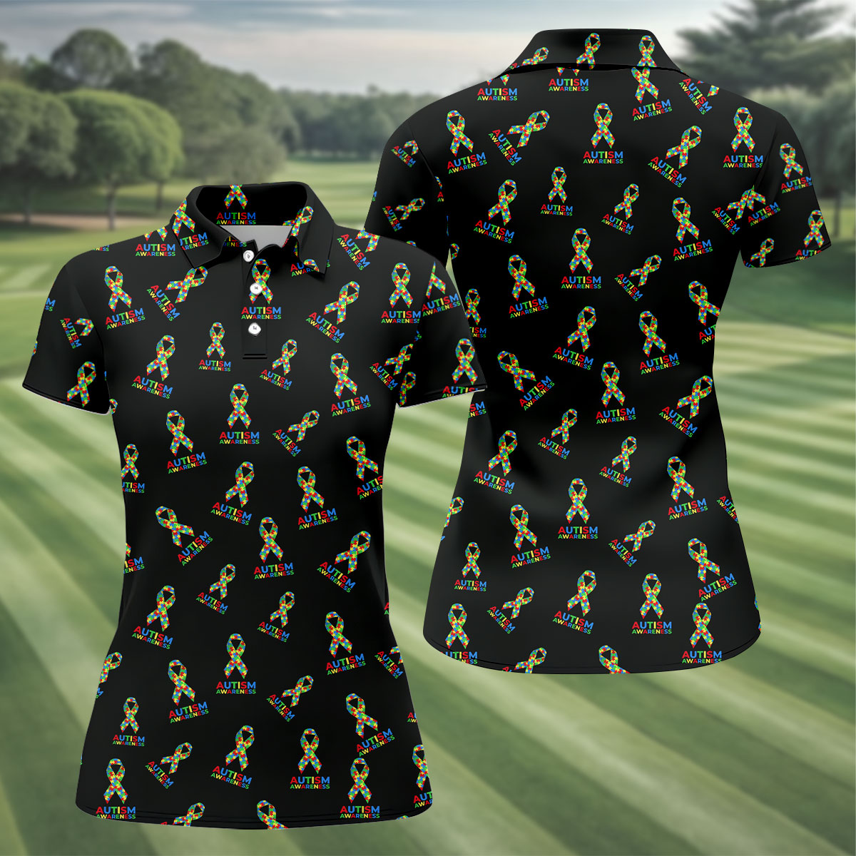 Autism Awareness Colors Autism Ribbon Black Golf Shirt, Women's Golf Tops, Ladies Golf Polos