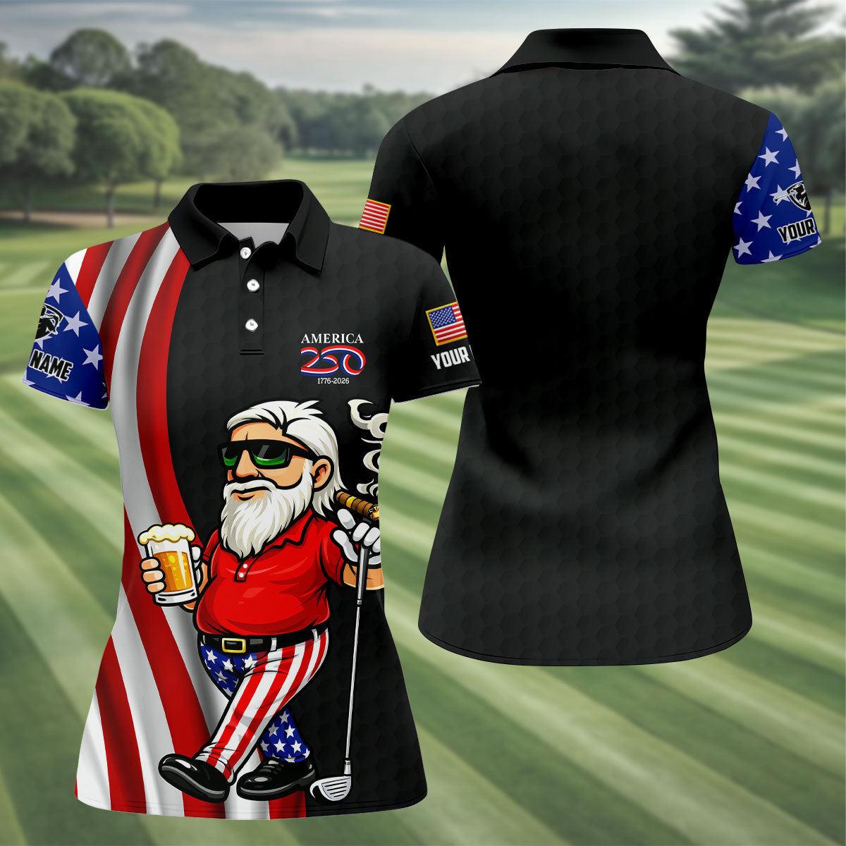 America 250 Patriotic Man 4th Of July Black Golf Shirt, Golf And Beer Women's Golf Tops