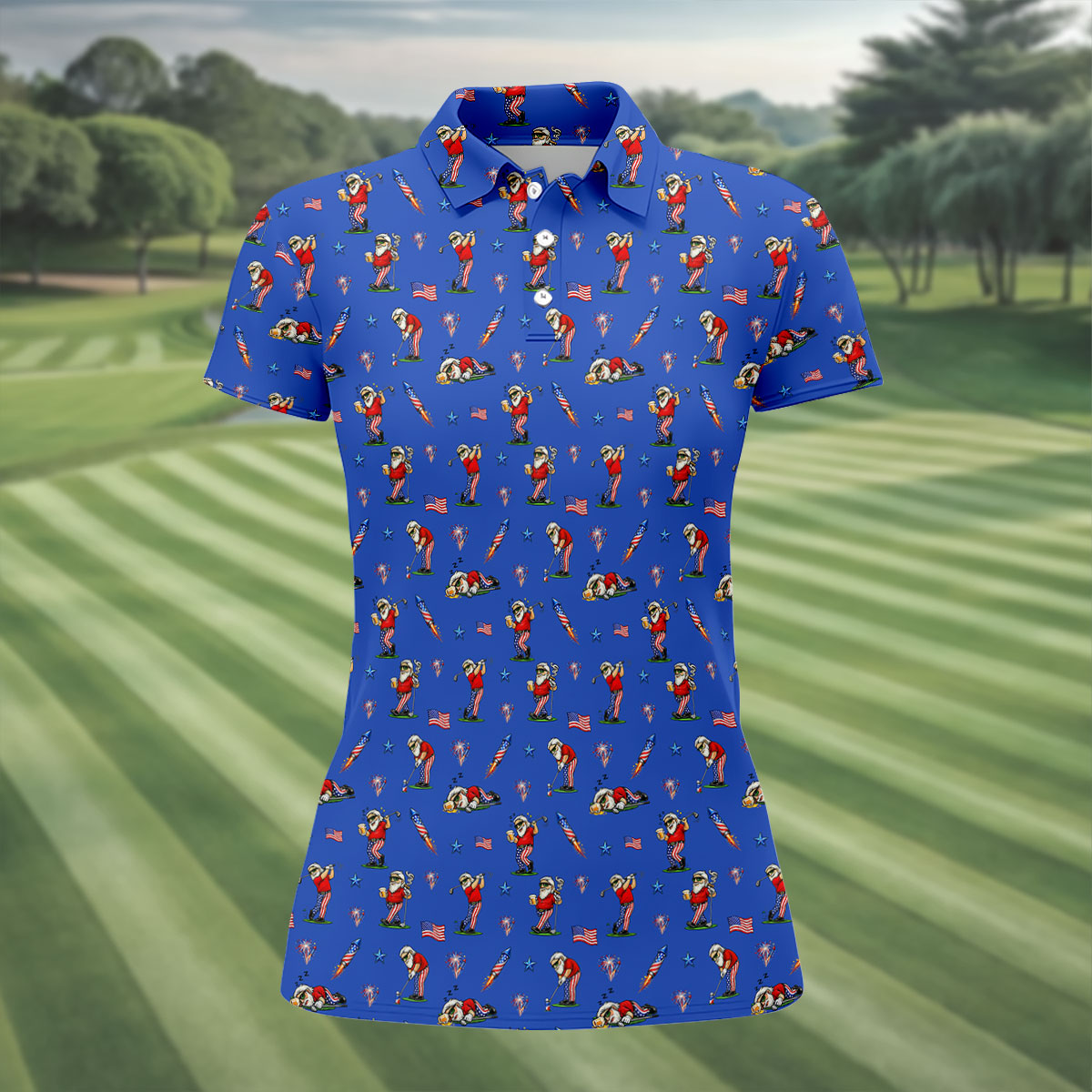 4th Of July Funny Man Golf And Beer Blue Golf Shirt, Patriotic Golf Shirt, 250th Anniversary Women's Golf Tops