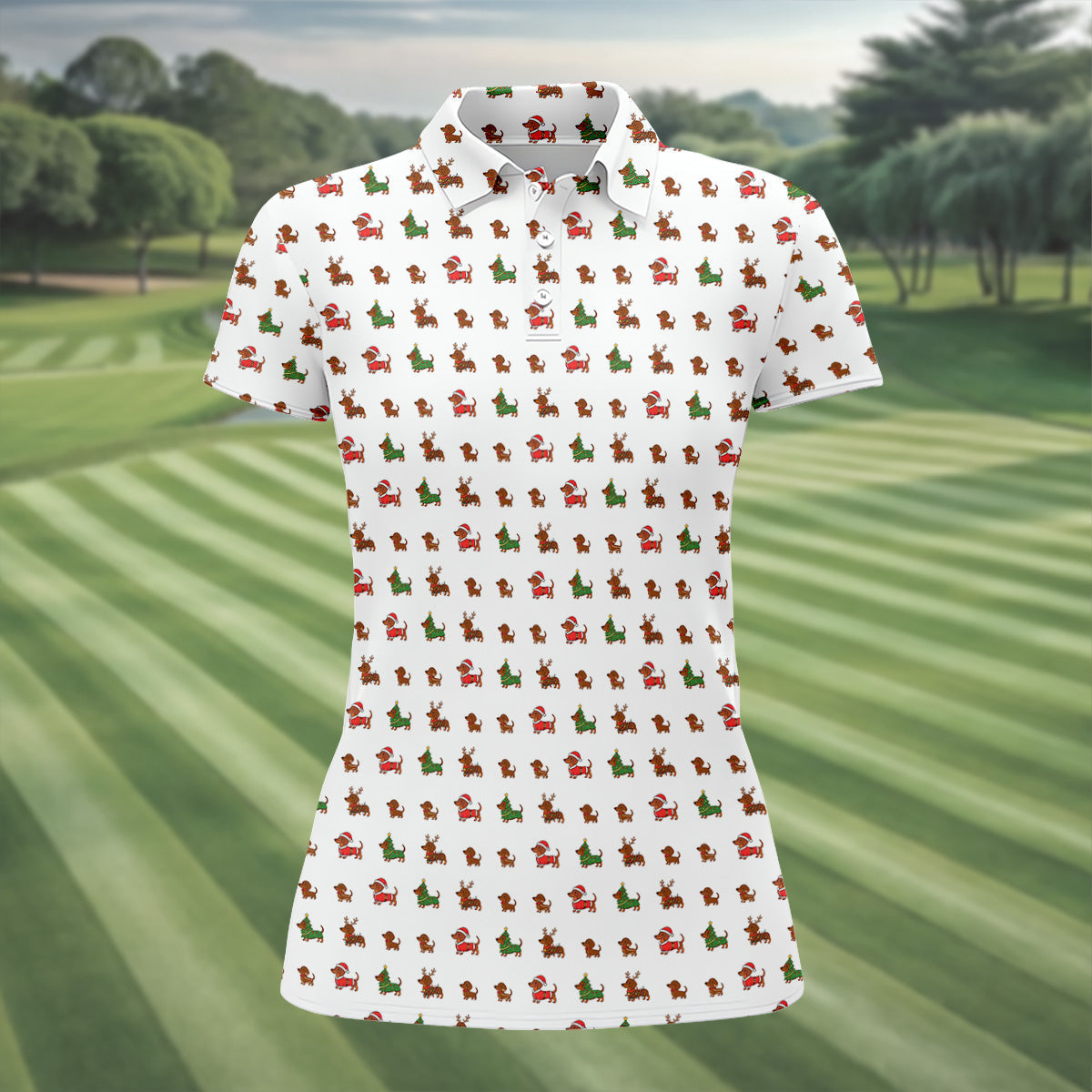 Christmas Dachshund Women's Golf Tops, Christmas Golf Shirt, Ladies Golf Polos, Golfing Apparel