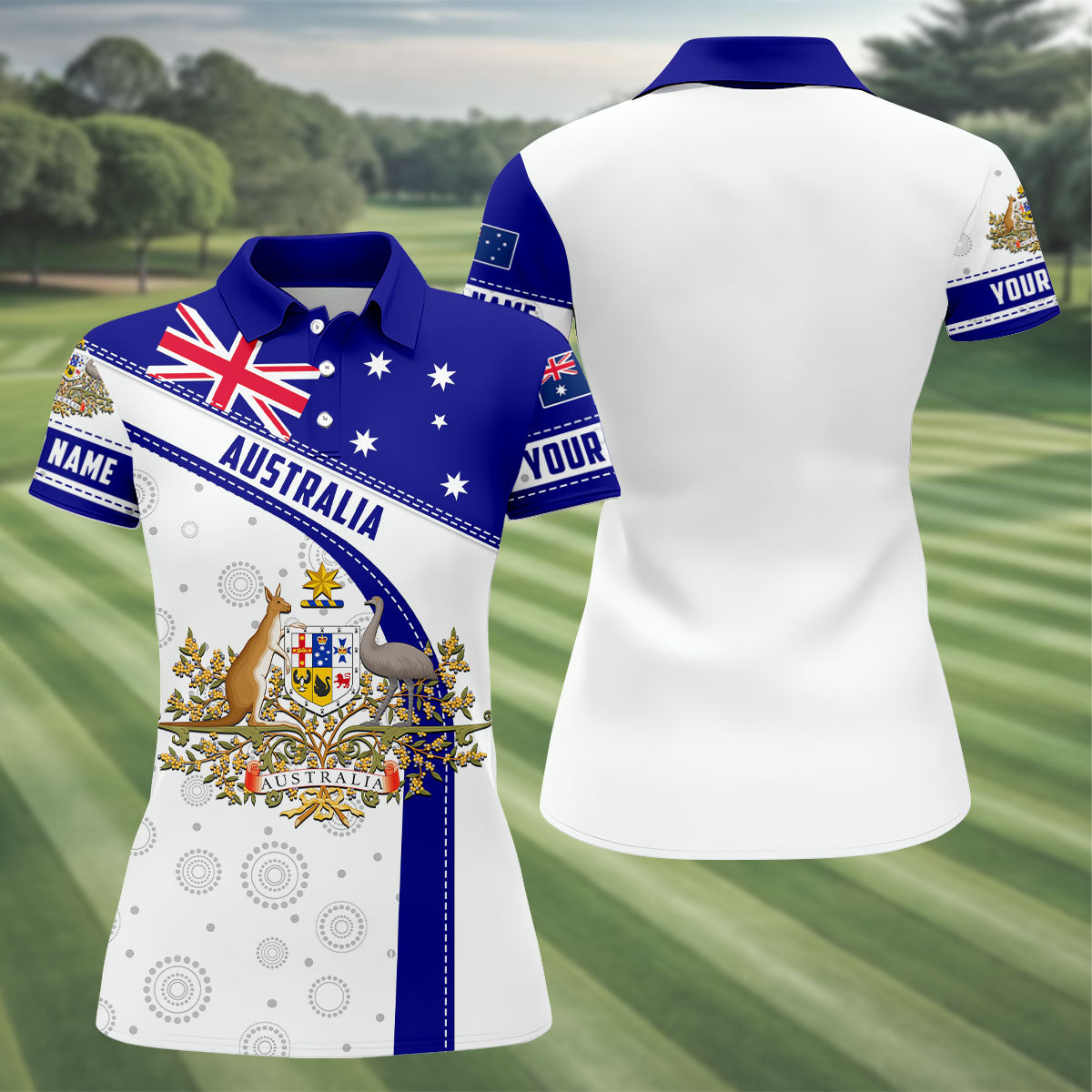 Australian Coat of Arms Women's Golf Tops, Australia Flag Print Ladies Golf Shirts