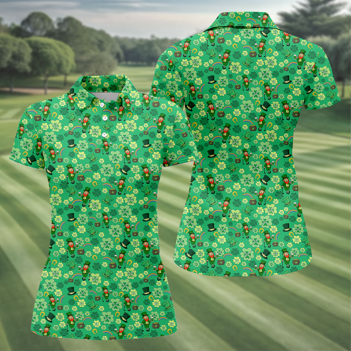 Shamrock St Patrick's Day Light Green Golf Shirt, Women's Golf Tops, Ladies Golf Polos, Women's Polo Shirt
