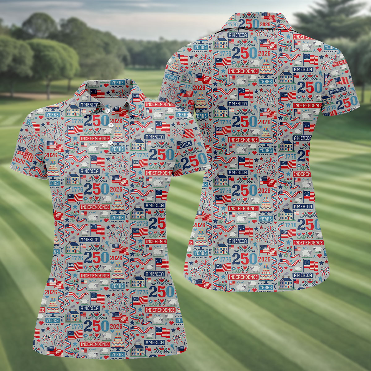 America Independence 250 Years Grey Golf Shirt, Patriotic 4th Of July Golf Shirt For Women