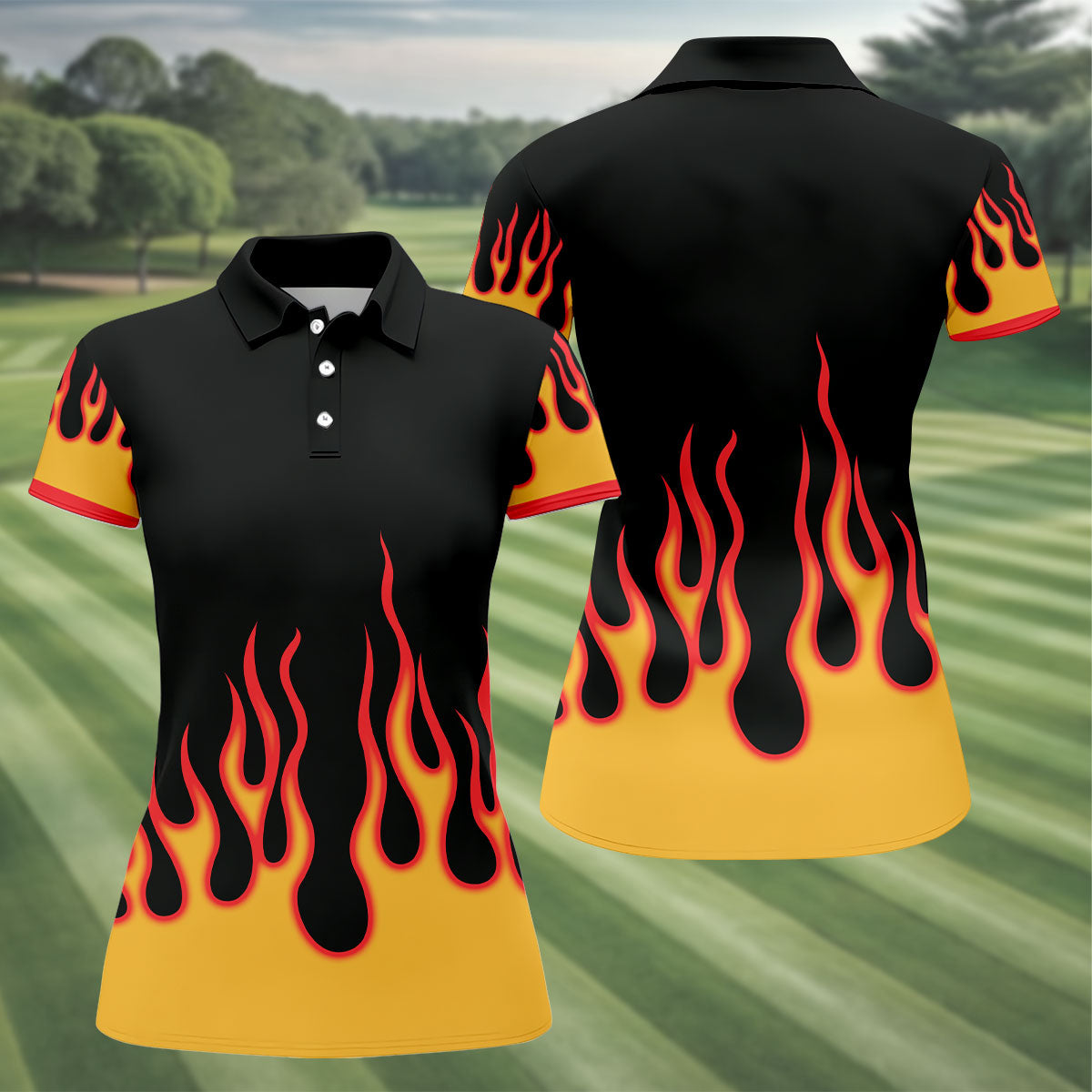Black Red Yellow Flame Sleeve Golf Shirt, Hawaiian Golf Shirt, Golf Tops For Women