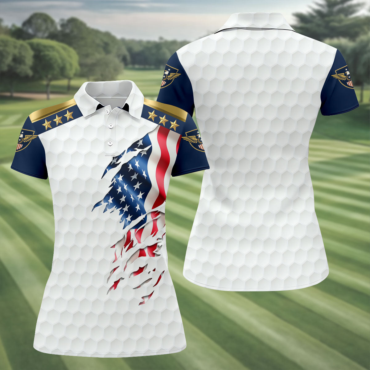 Rugged American Flag With Golf Ball Pattern 4th Of July Women Golf Top, 250th Anniversary Patriotic Golf Shirt