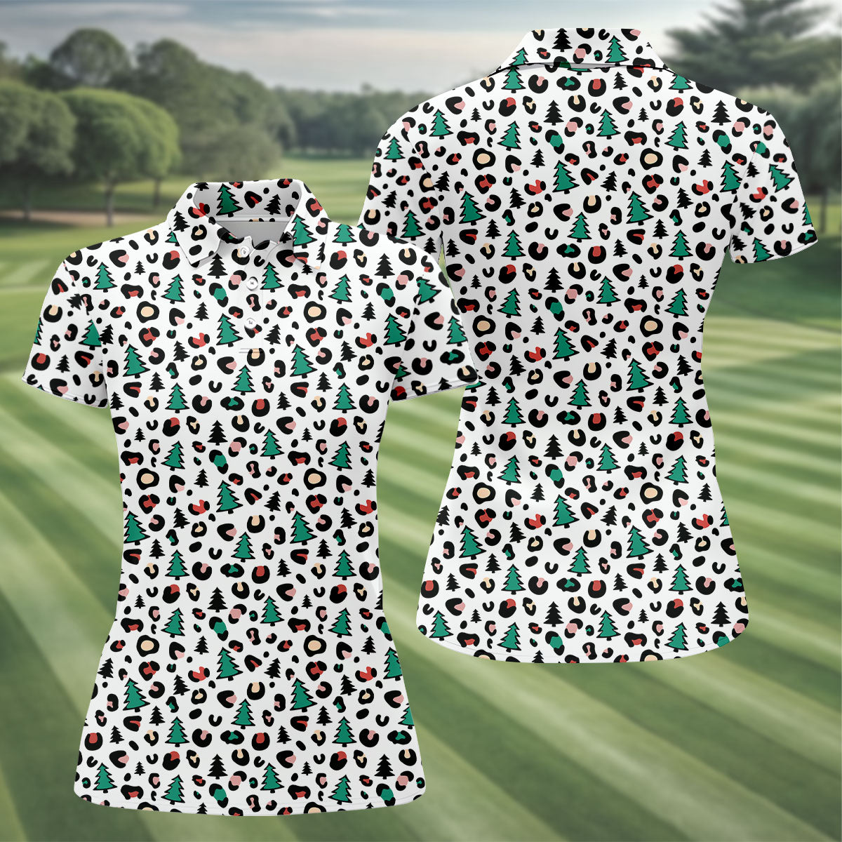 Leopard Pattern Xmas Pine Tree Women's Golf Shirts, Christmas Golf Shirt, Cute Golf Outfit, Ladies Golf Polos