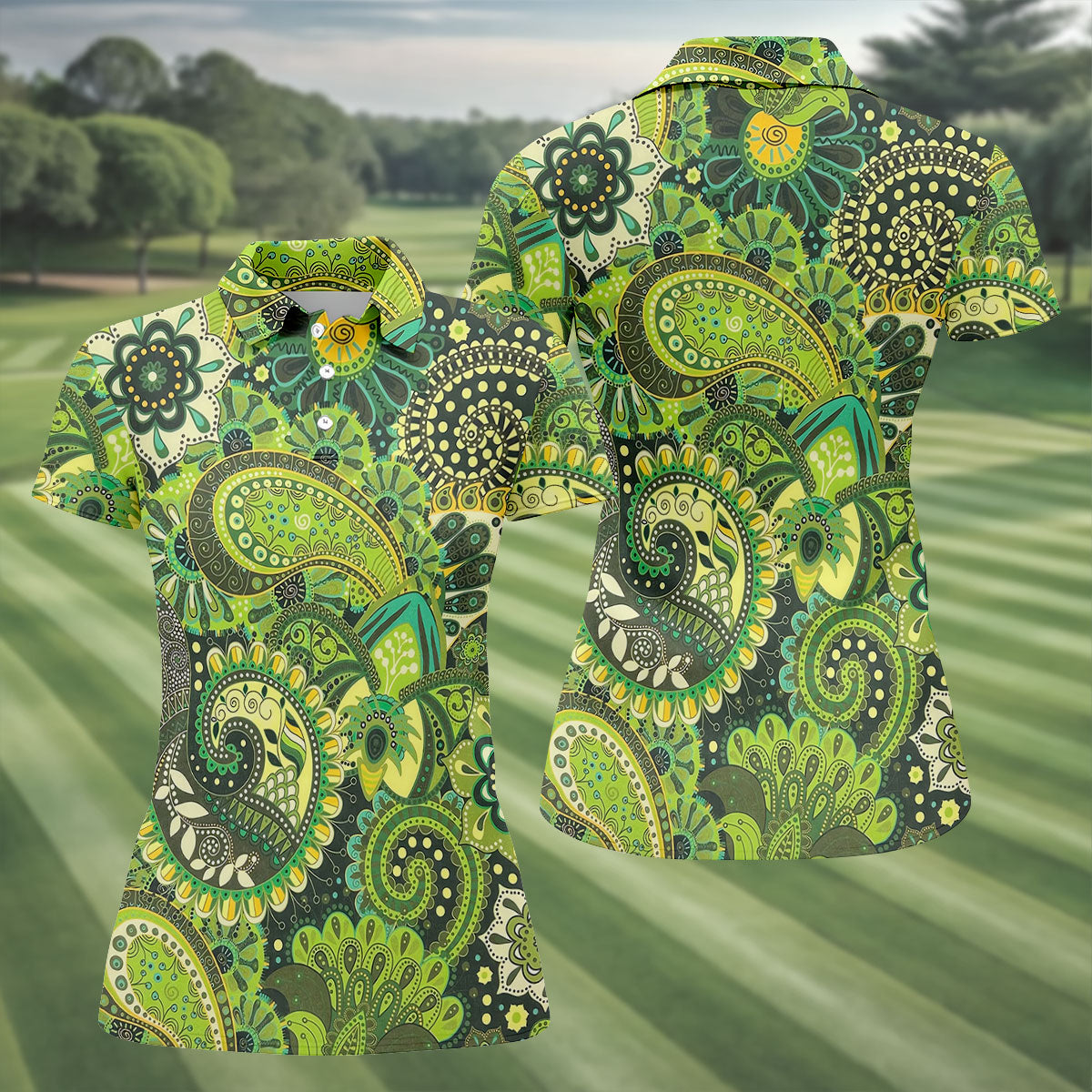 Paisley Print Green Golf Shirt, Ladies Golf Shirts, Golf Shirt For Women, Ladies Golf Polos